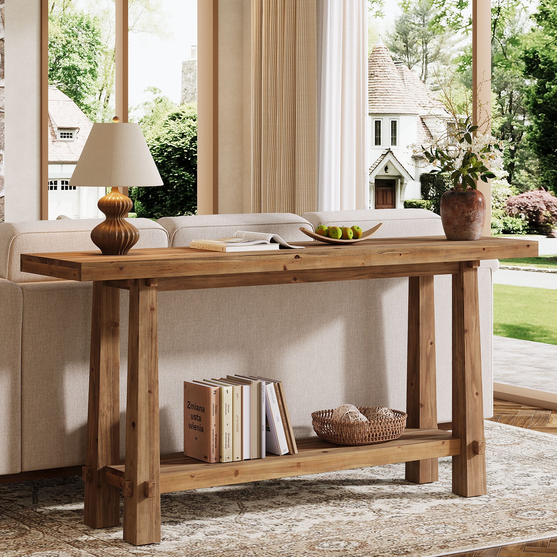 Tribesigns 63" Console Table, Farmhouse Solid Wood Entryway Sofa Table with 2-Tier Storage - Image 8