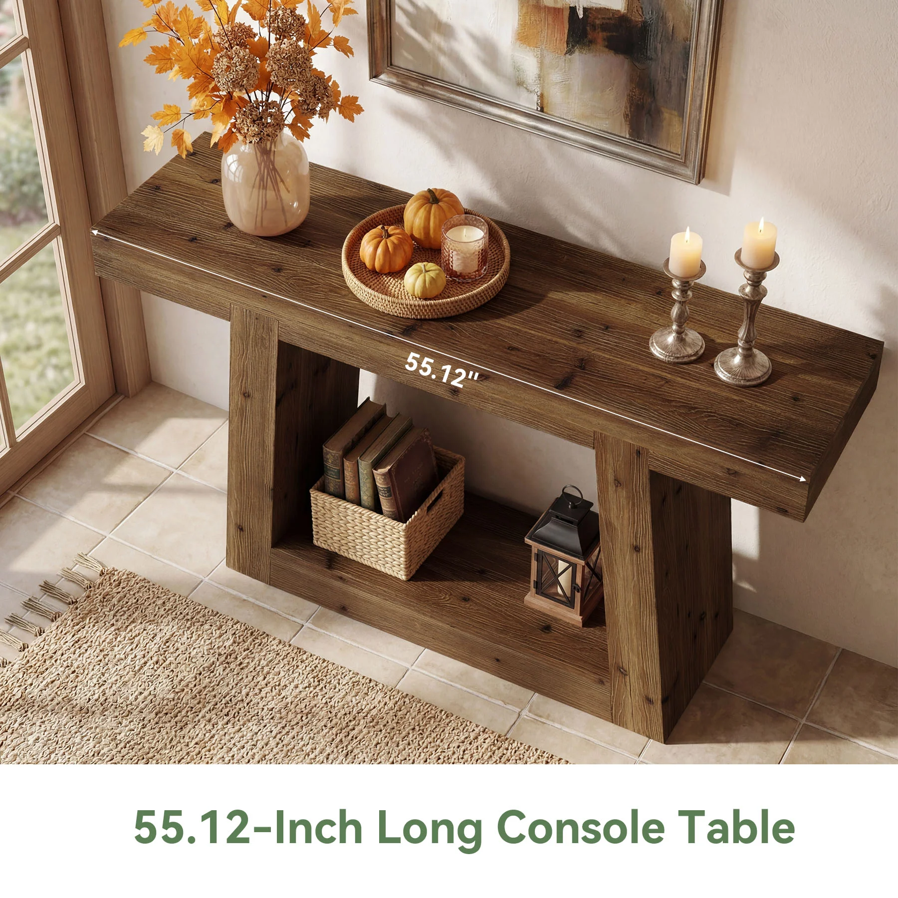 55-Inch Solid Wood Console Table, Farmhouse Narrow Sofa Table with Storage for Entryway, Hallway, Living Room - Image 3