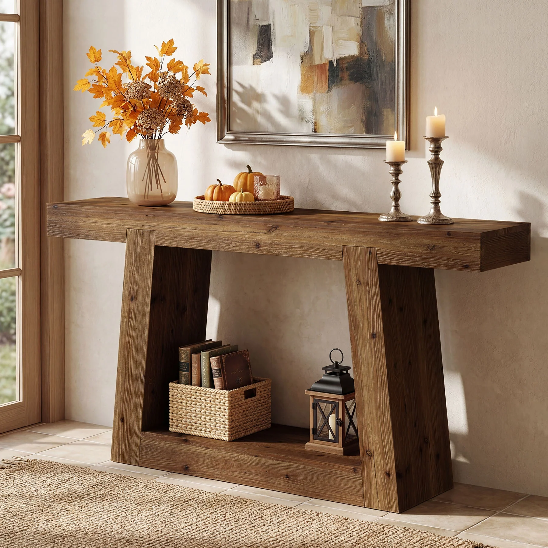 55-Inch Solid Wood Console Table, Farmhouse Narrow Sofa Table with Storage for Entryway, Hallway, Living Room - Image 6
