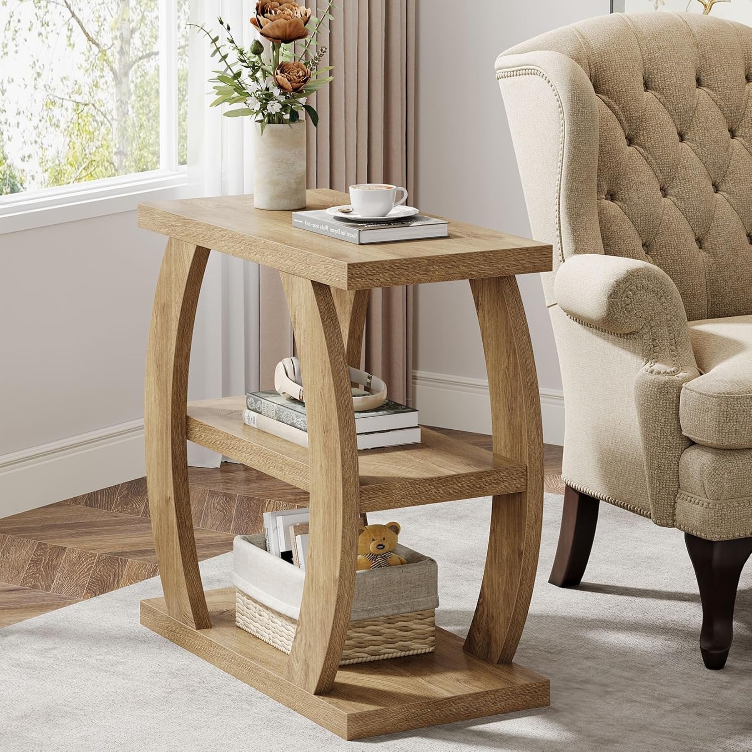 Farmhouse Geometric Side Table, Three-Tier Narrow Storage for Small Spaces - Image 4