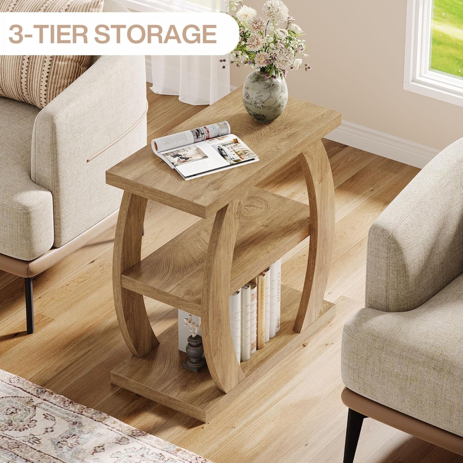 Farmhouse Geometric Side Table, Three-Tier Narrow Storage for Small Spaces - Image 5