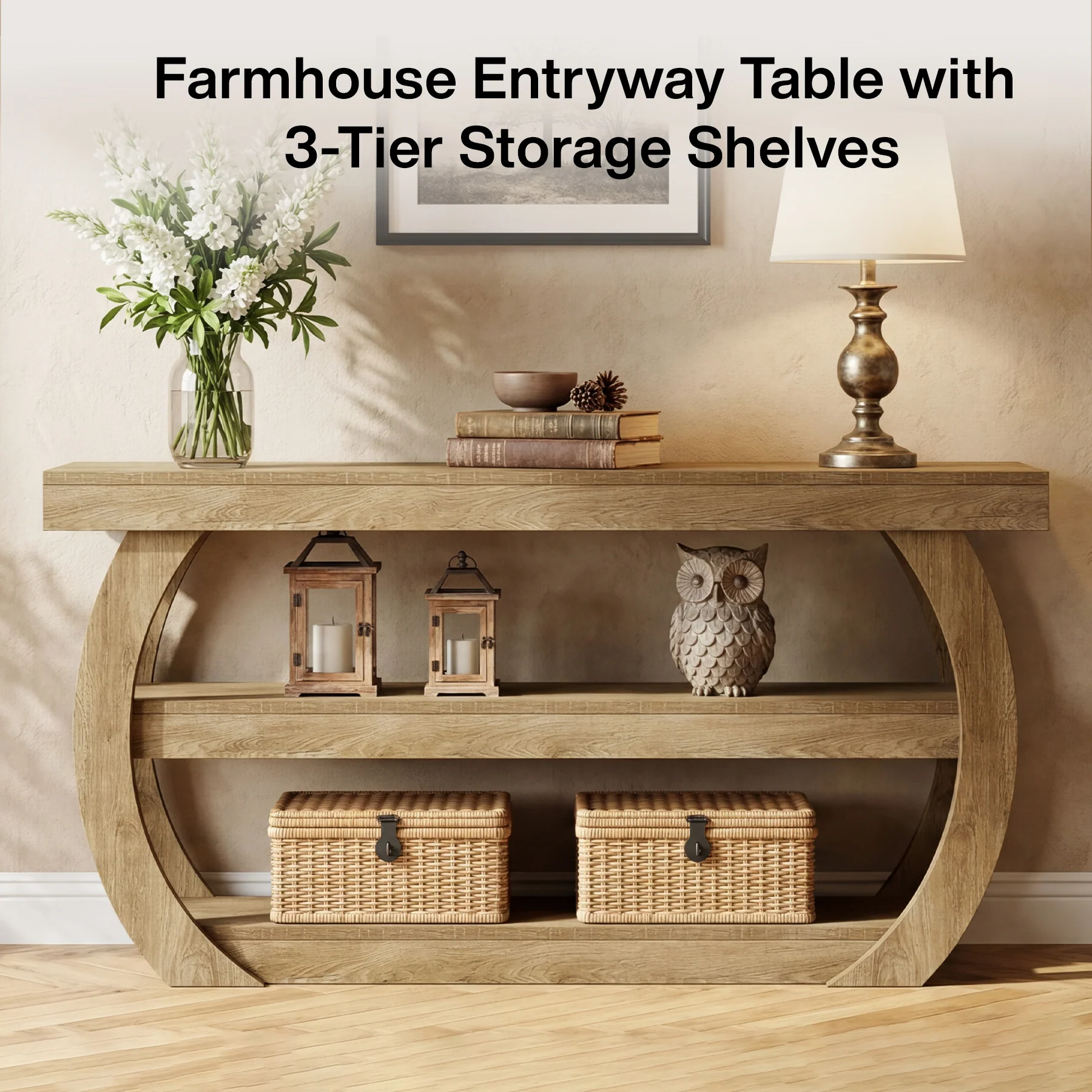 63" Farmhouse Console Table with 3-Tier Storage, Long Wooden Sofa Table for Entryway and Living Room - Image 3