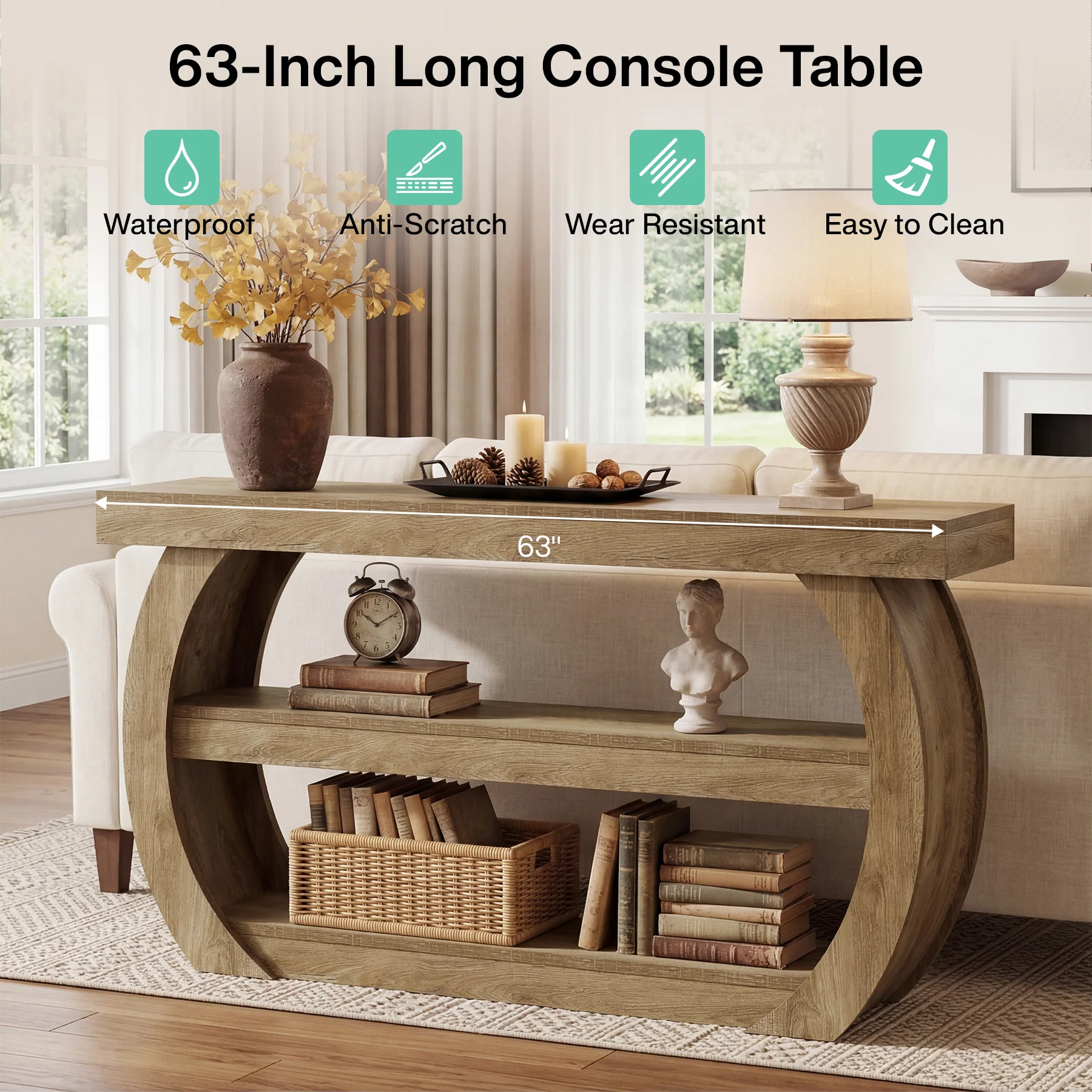 63" Farmhouse Console Table with 3-Tier Storage, Long Wooden Sofa Table for Entryway and Living Room - Image 4