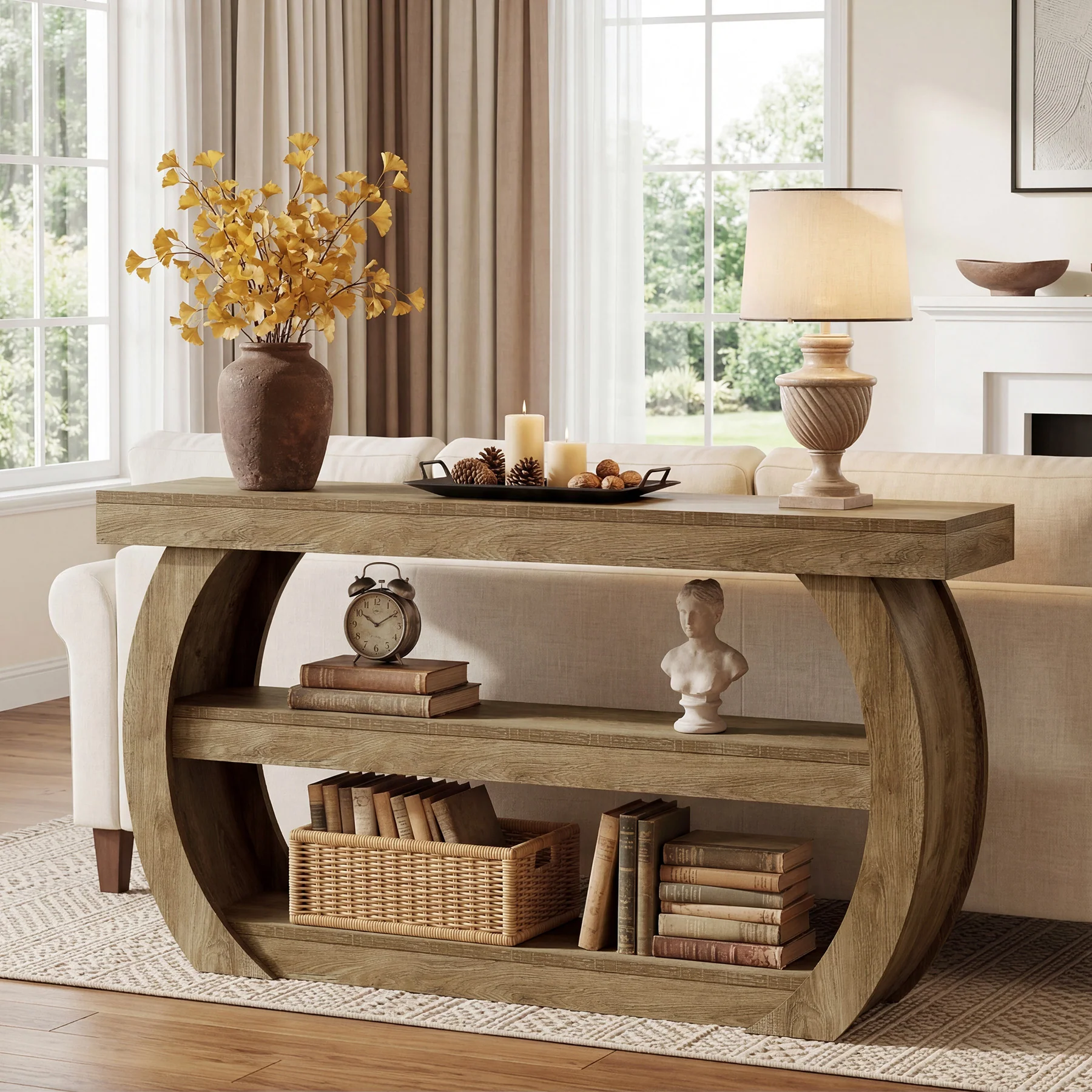63" Farmhouse Console Table with 3-Tier Storage, Long Wooden Sofa Table for Entryway and Living Room - Image 7