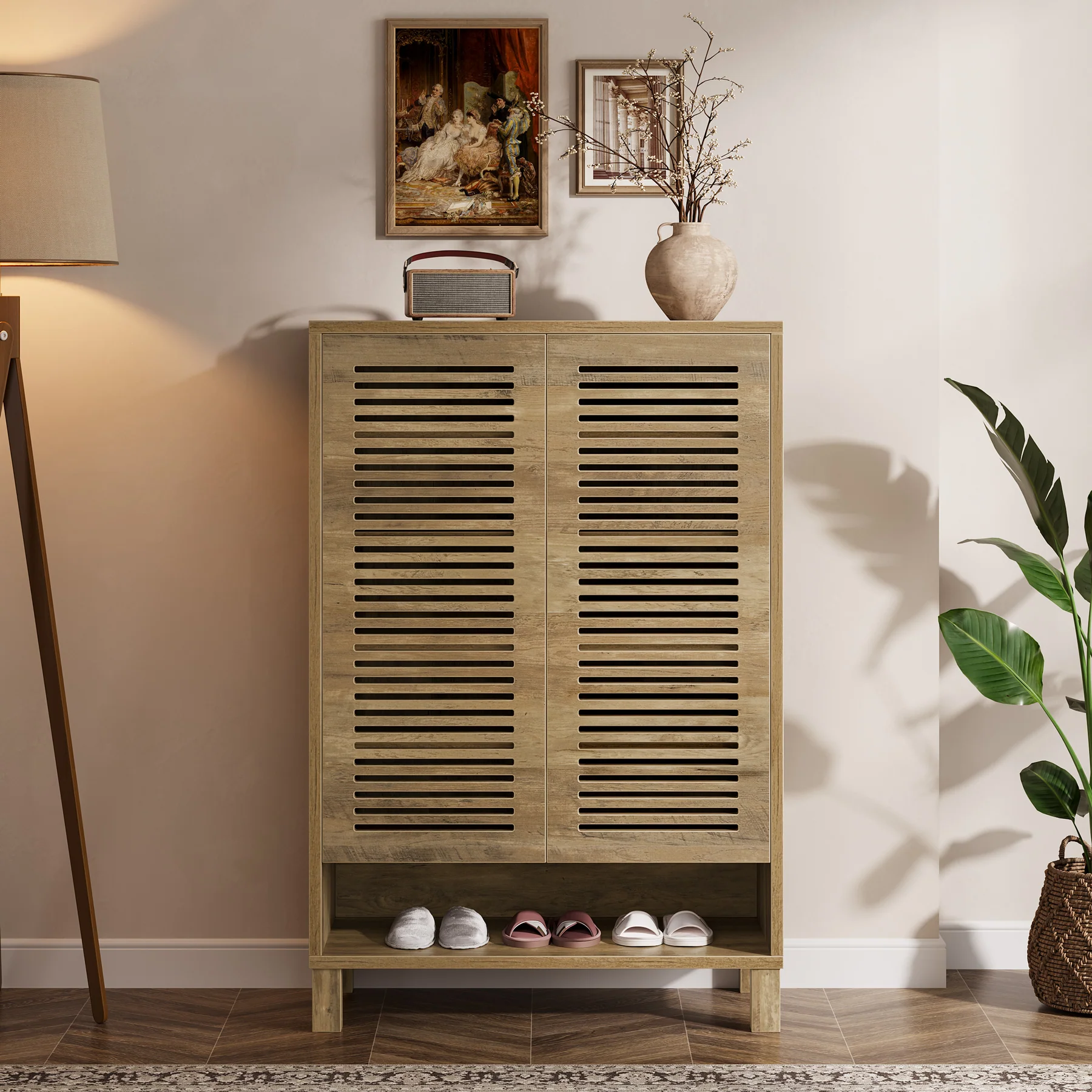 Free-Standing Shoe Cabinet, Narrow Farmhouse Wooden Organizer with 6 Shelves - Image 13