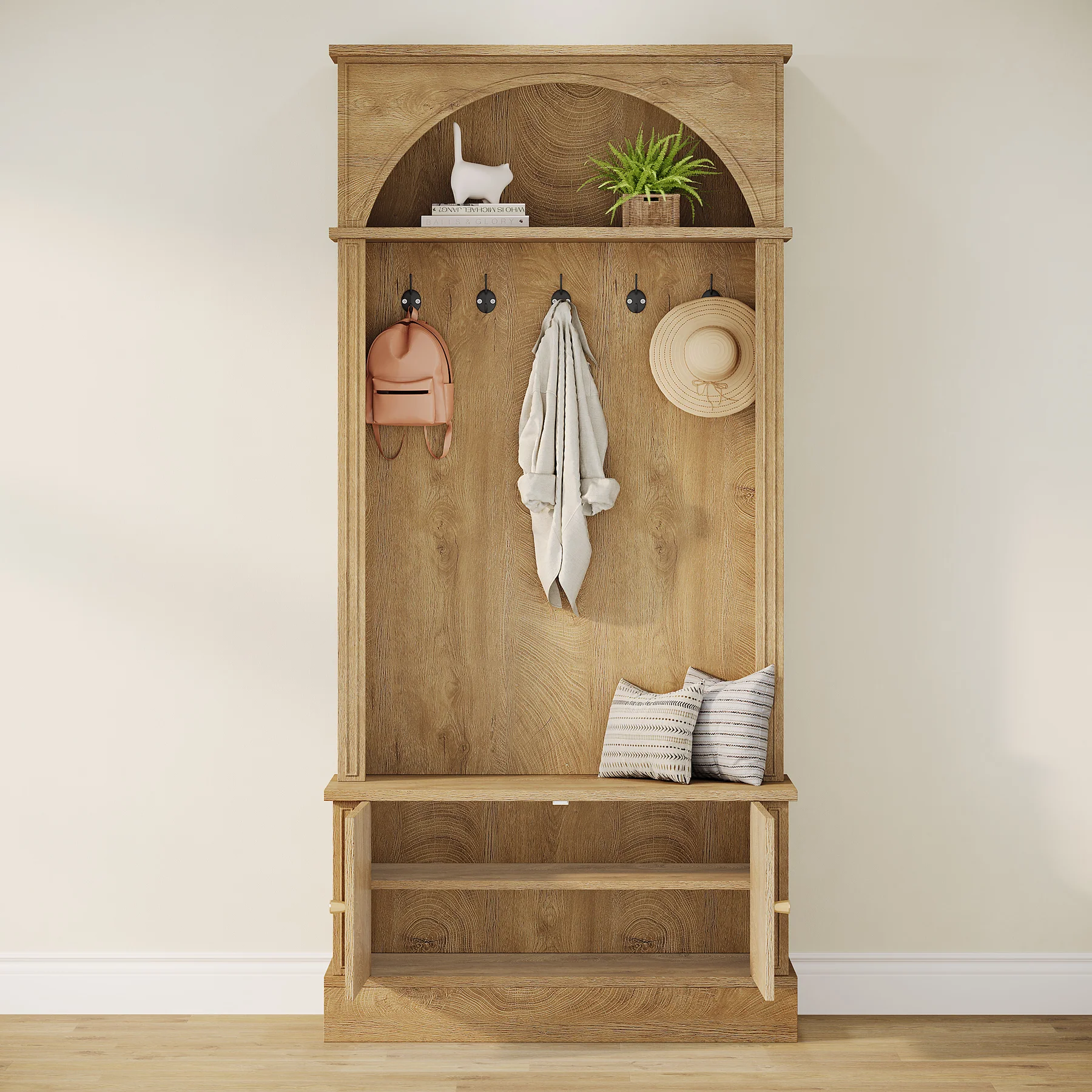 71 Inch Hall Tree with Bench and Storage, 4 in 1 Entryway Coat Rack for Hallway Mudroom - Image 7