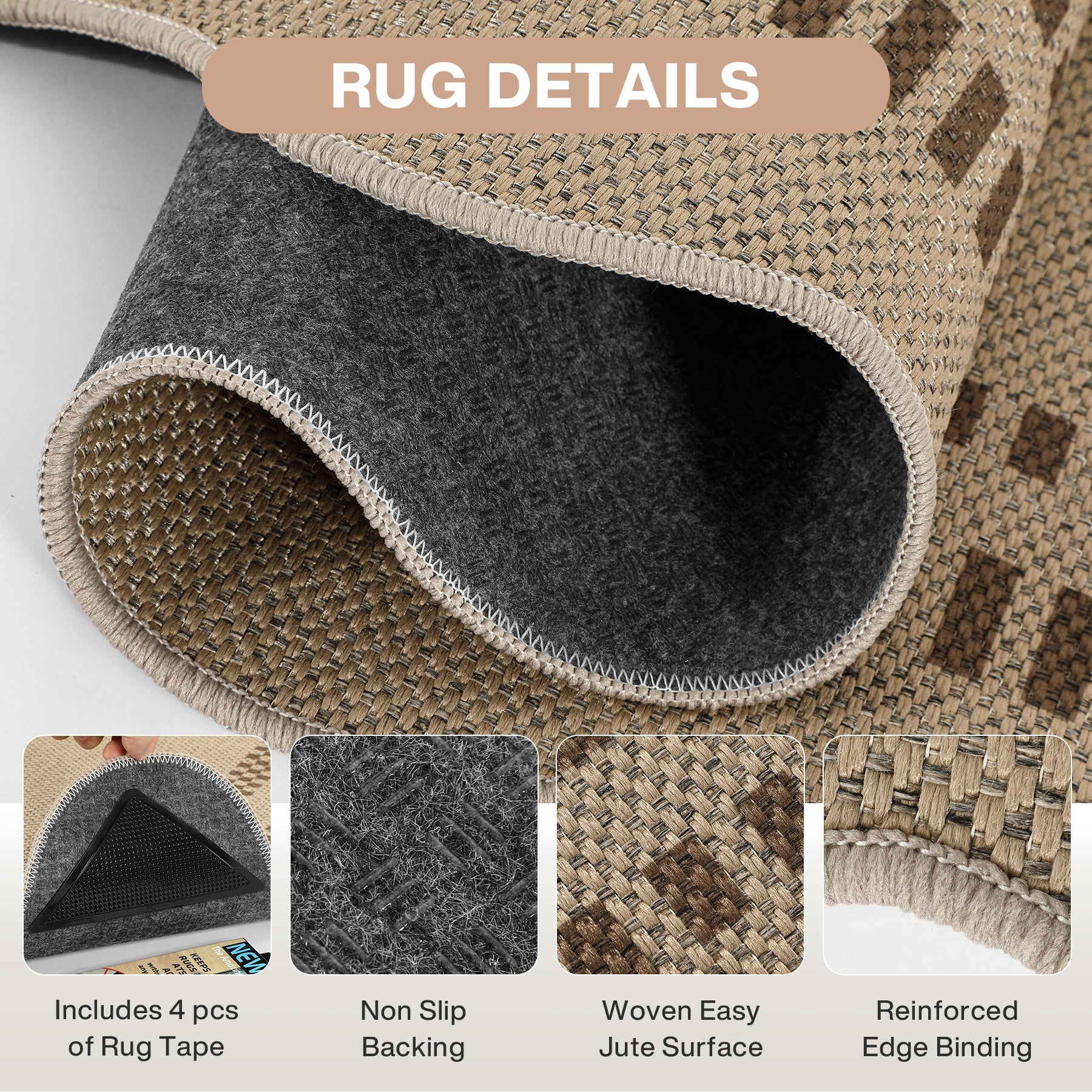 Tribesigns Indoor and Outdoor Rug, Weather-Resistant, Jute-Look, Scalloped Border and Farmhouse-Style Pattern, Washable and Non-Slip - Image 5