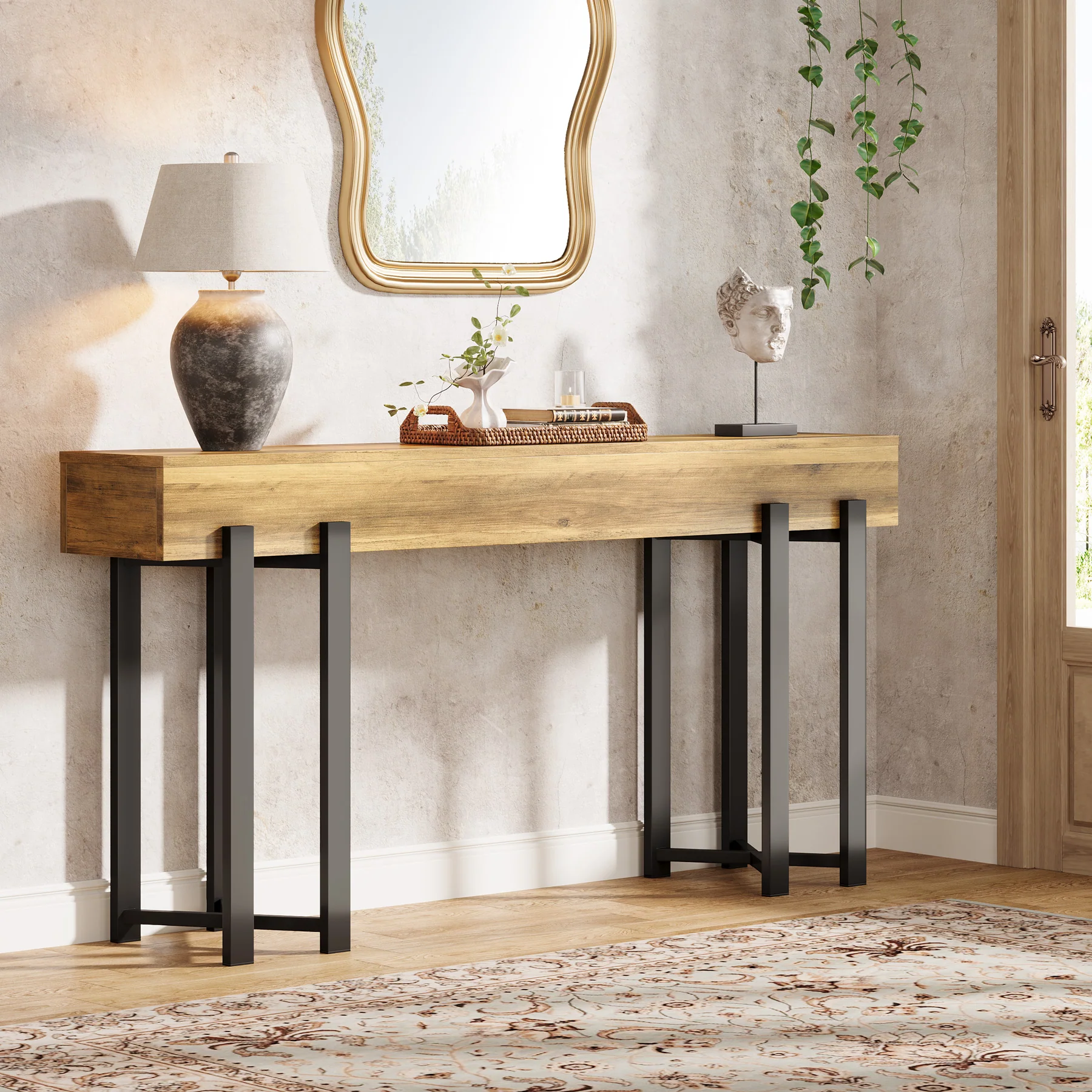 63" Industrial Console Table with Metal Frame, Wooden Sofa Table for Entryway and Living Room - Image 7
