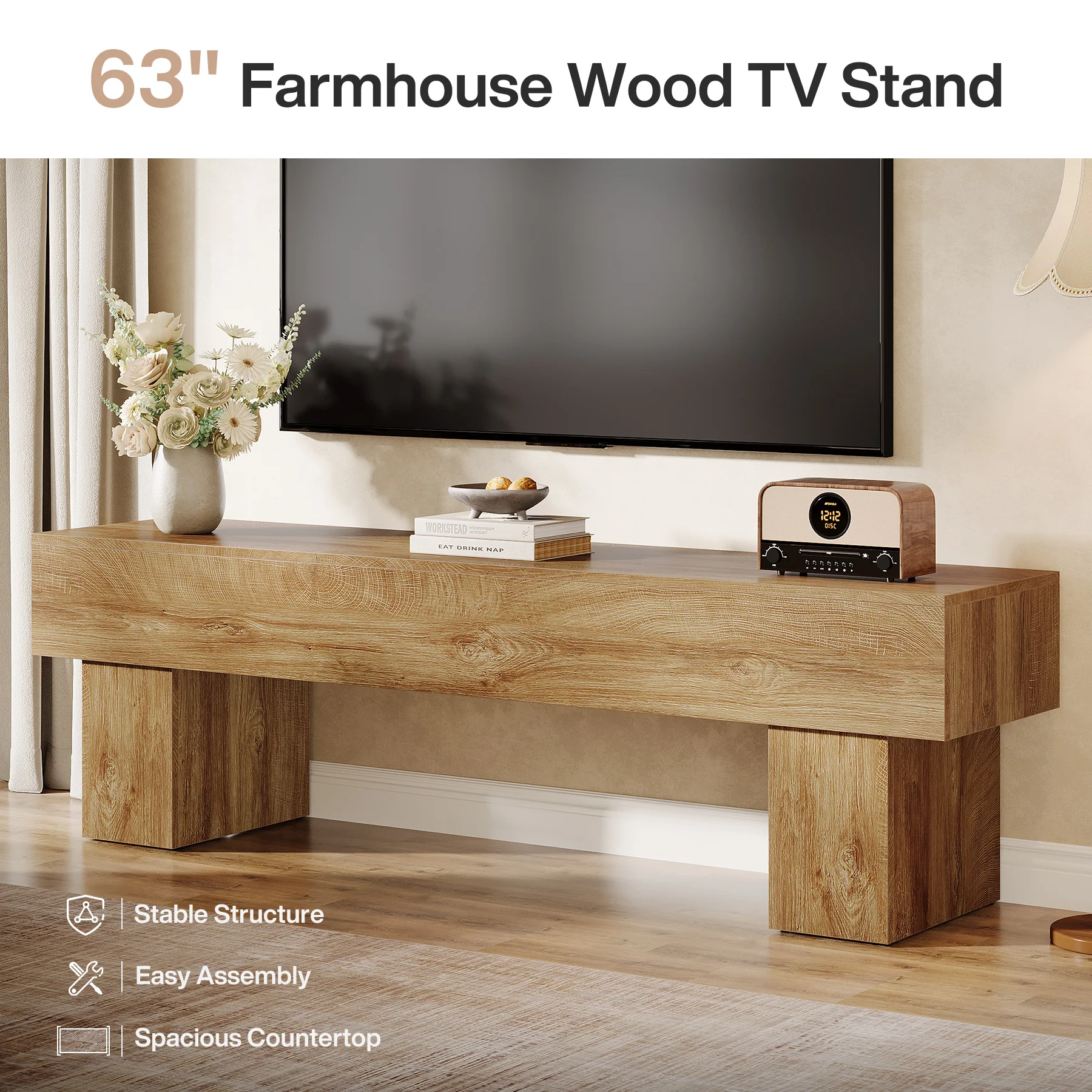Tribesigns 63-Inch Low TV Console Table, Farmhouse Design with Sturdy 300 lb Capacity for Living Room - Image 3