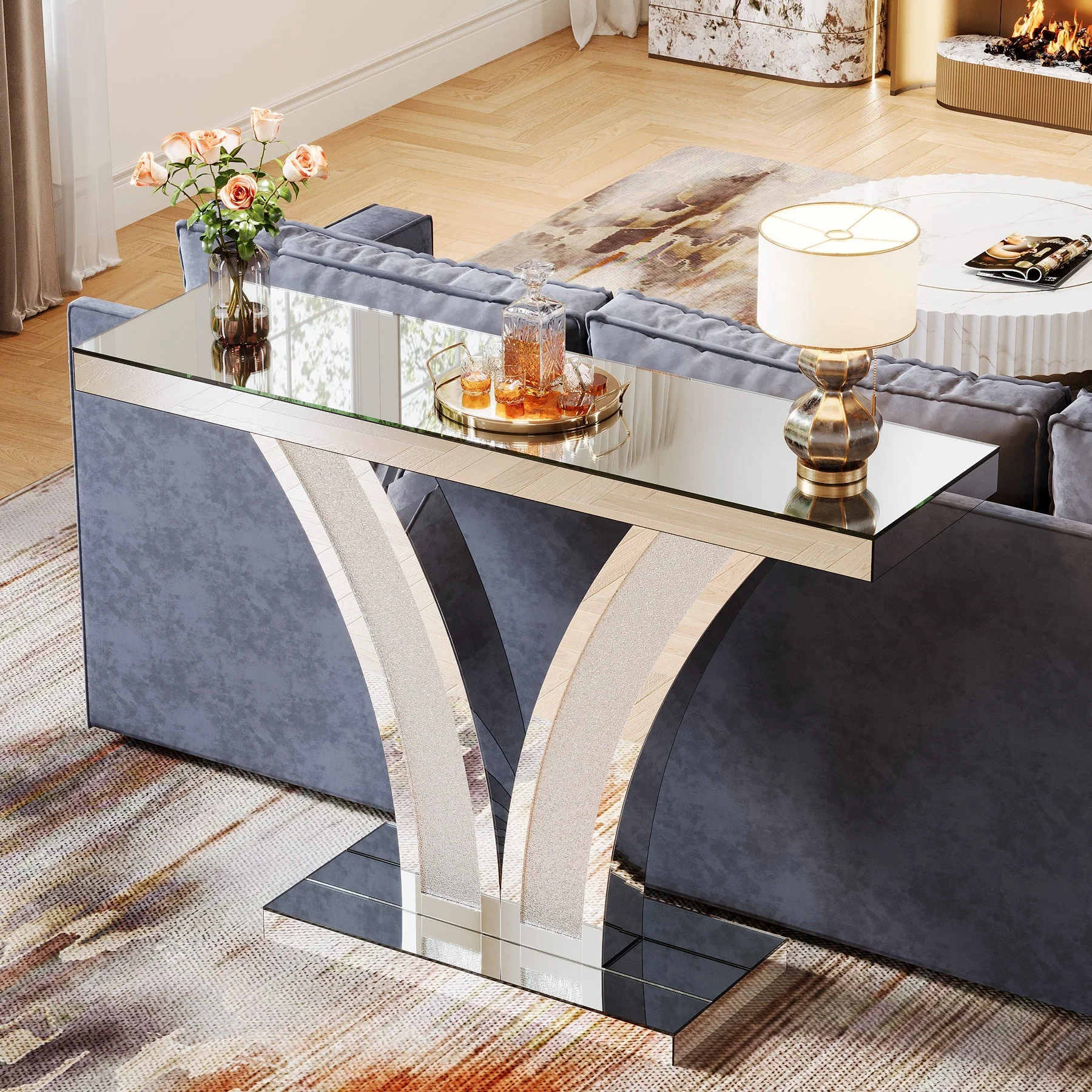 Mirrored Console Table with Crystal Inlay, Modern Silver Entryway Sofa Table for Living Room - Image 3