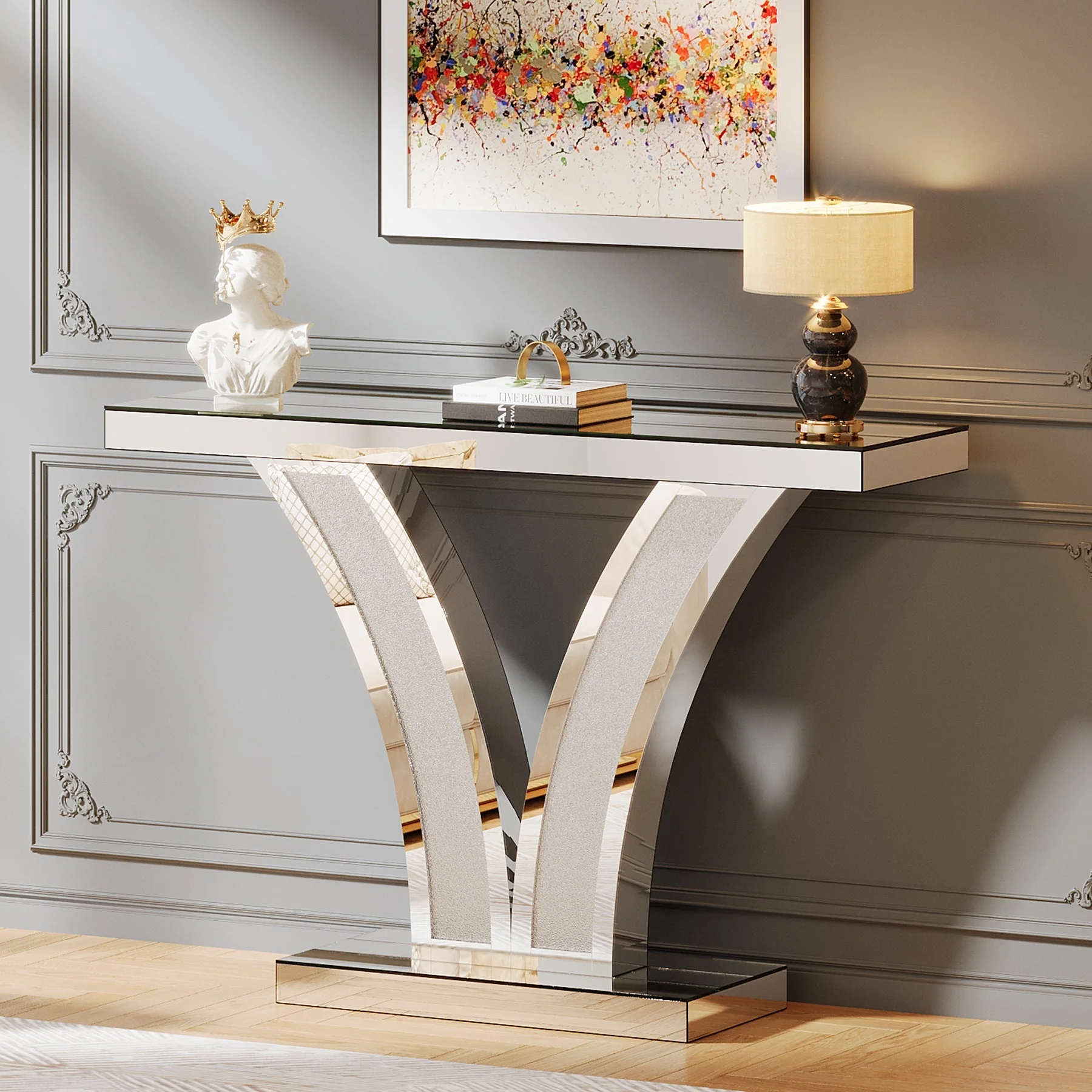 Mirrored Console Table with Crystal Inlay, Modern Silver Entryway Sofa Table for Living Room - Image 4