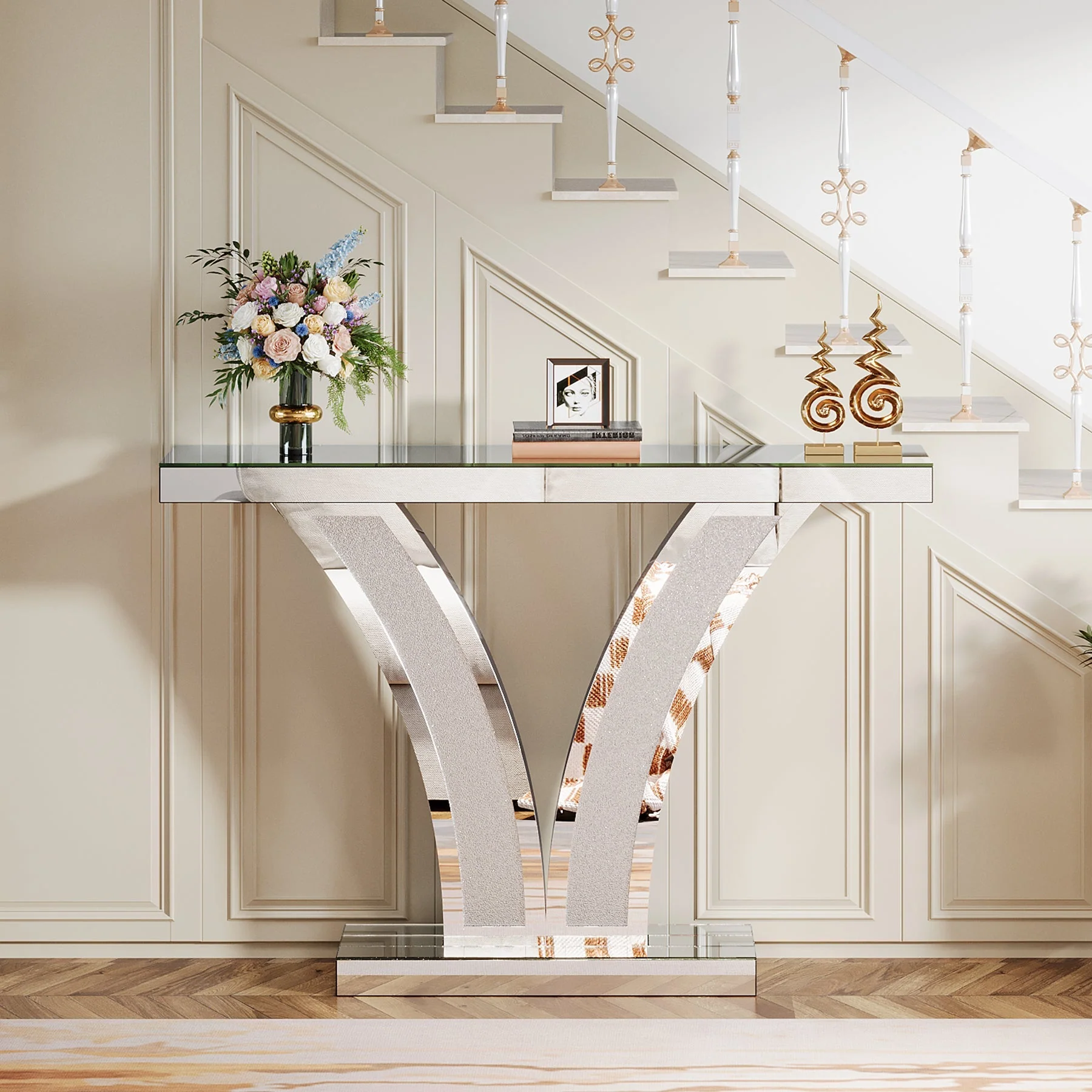 Mirrored Console Table with Crystal Inlay, Modern Silver Entryway Sofa Table for Living Room - Image 5
