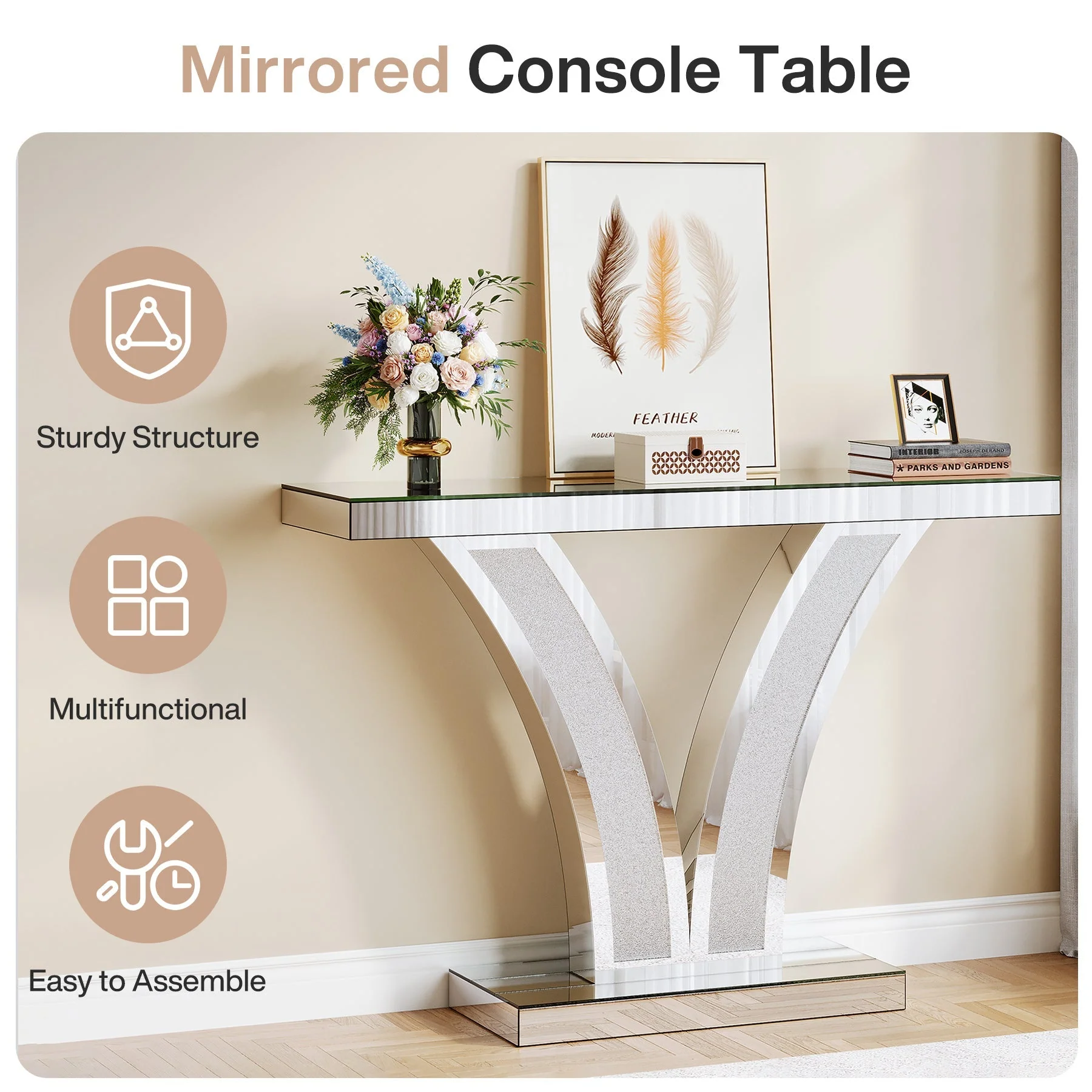 Mirrored Console Table with Crystal Inlay, Modern Silver Entryway Sofa Table for Living Room - Image 6