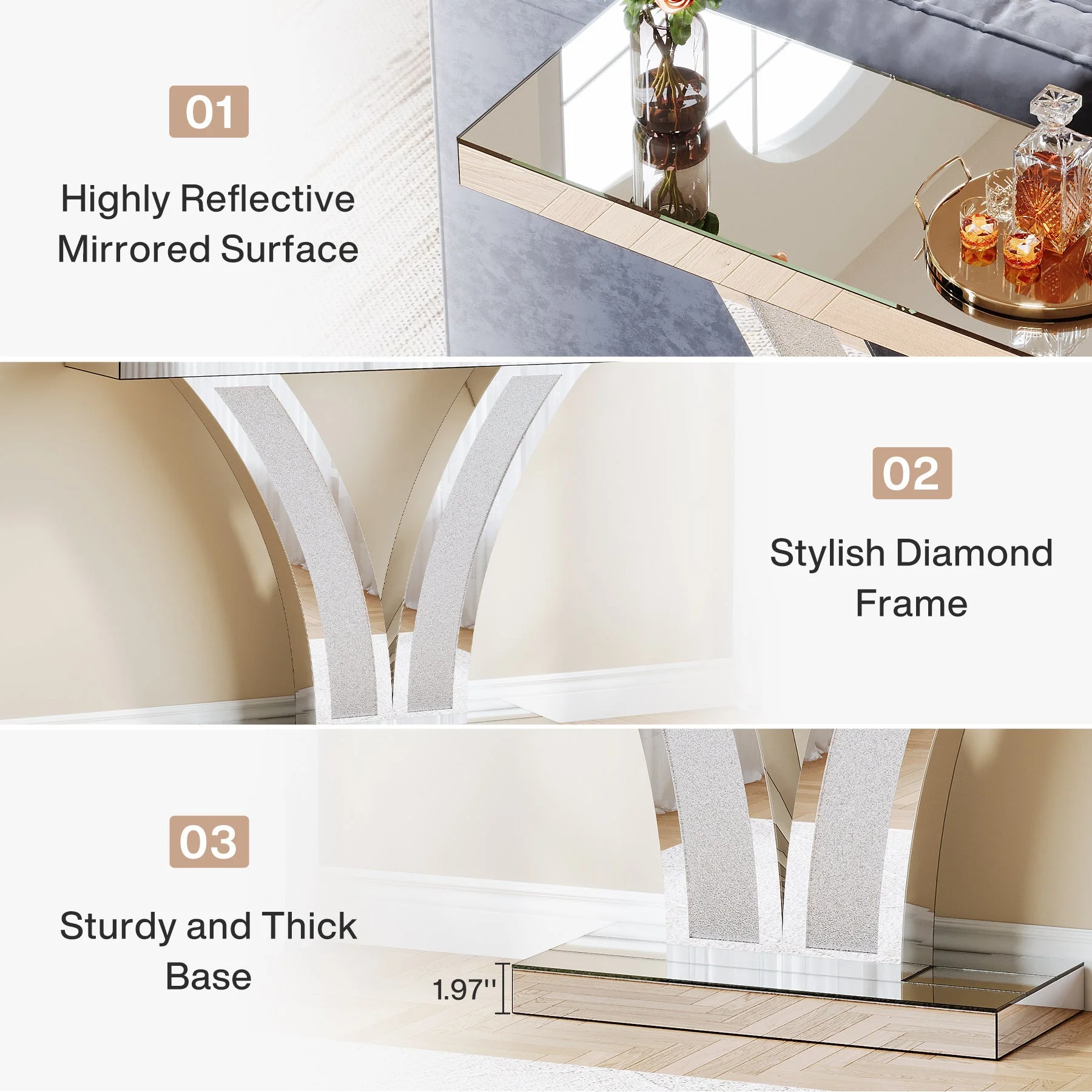 Mirrored Console Table with Crystal Inlay, Modern Silver Entryway Sofa Table for Living Room - Image 7