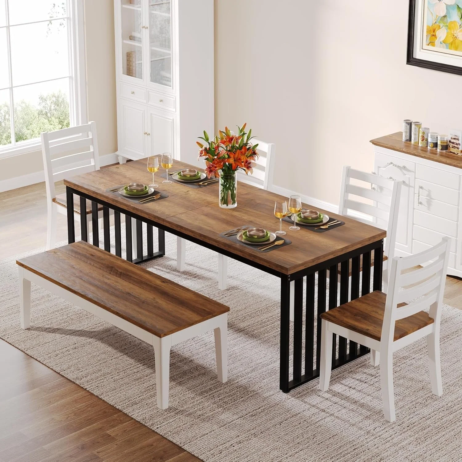 Modern Industrial Dining Table for 8, 71" Long Farmhouse Kitchen Table with Metal Frame - Image 4