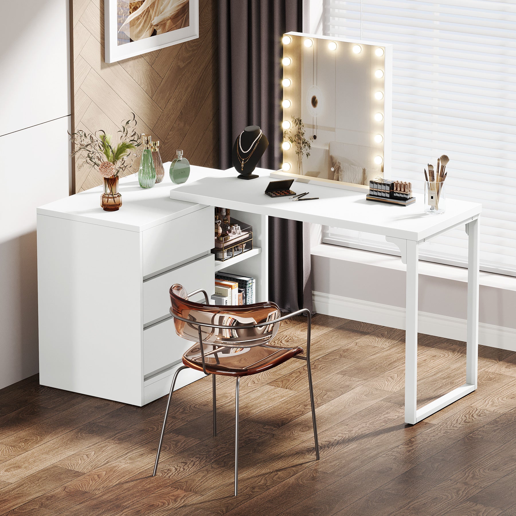 Tribesigns Vanity Desk with 3 Drawers and 2 Shelves, Matte White Makeup Table with Reversible Storage Cabinet for Bedroom - Image 6