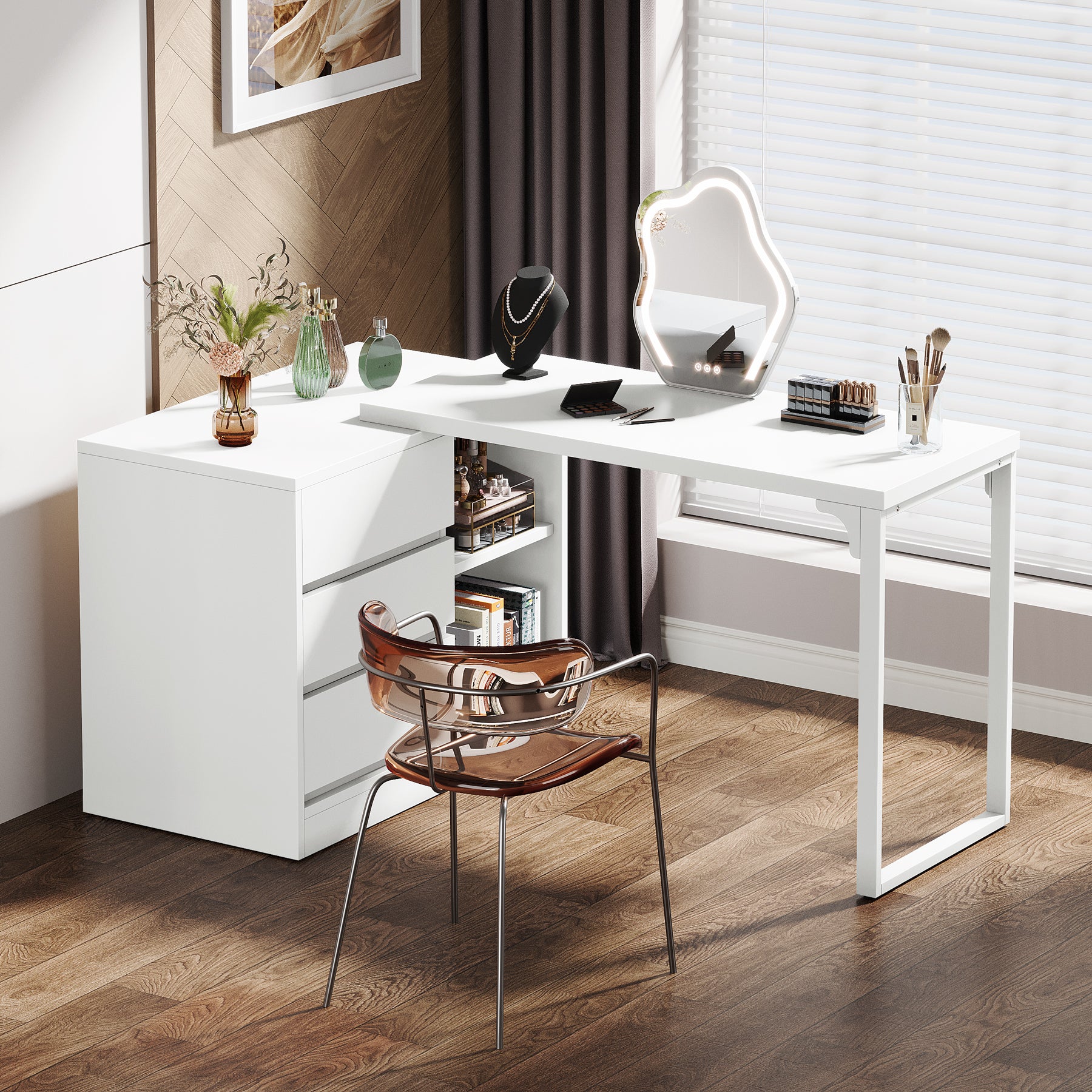 Tribesigns Vanity Desk with 3 Drawers and 2 Shelves, Matte White Makeup Table with Reversible Storage Cabinet for Bedroom - Image 8