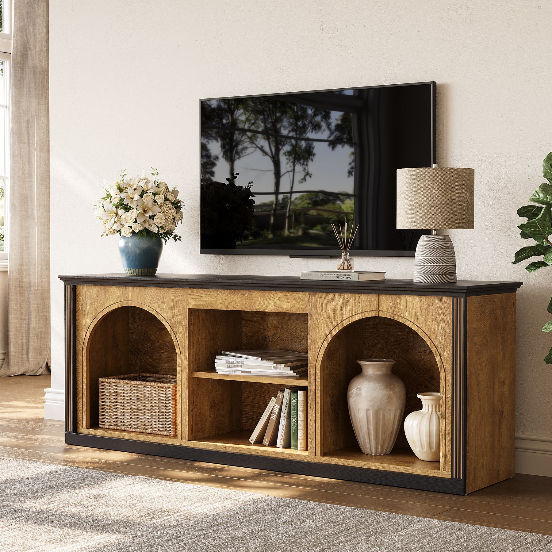 Tribesigns Modern TV Stand with Arched Shelves, Media Console for TVs up to 65 Inches in Living Room