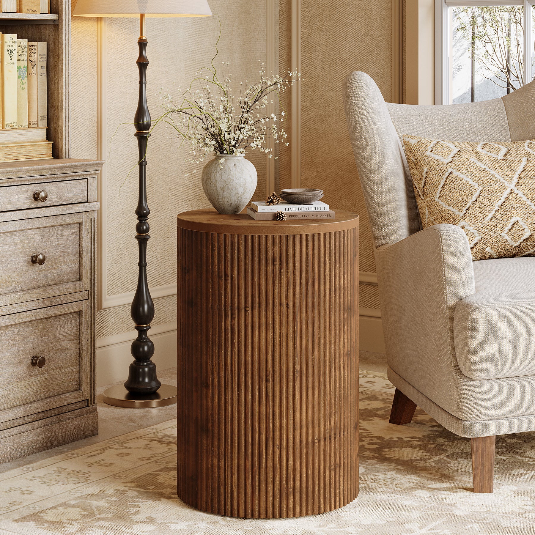 Tribesigns Solid Wood Round Side Table with Fluted Design and 4 Wheels, No-Assembly End Table with Storage for Living Room Bedroom and Small Spaces - Image 10