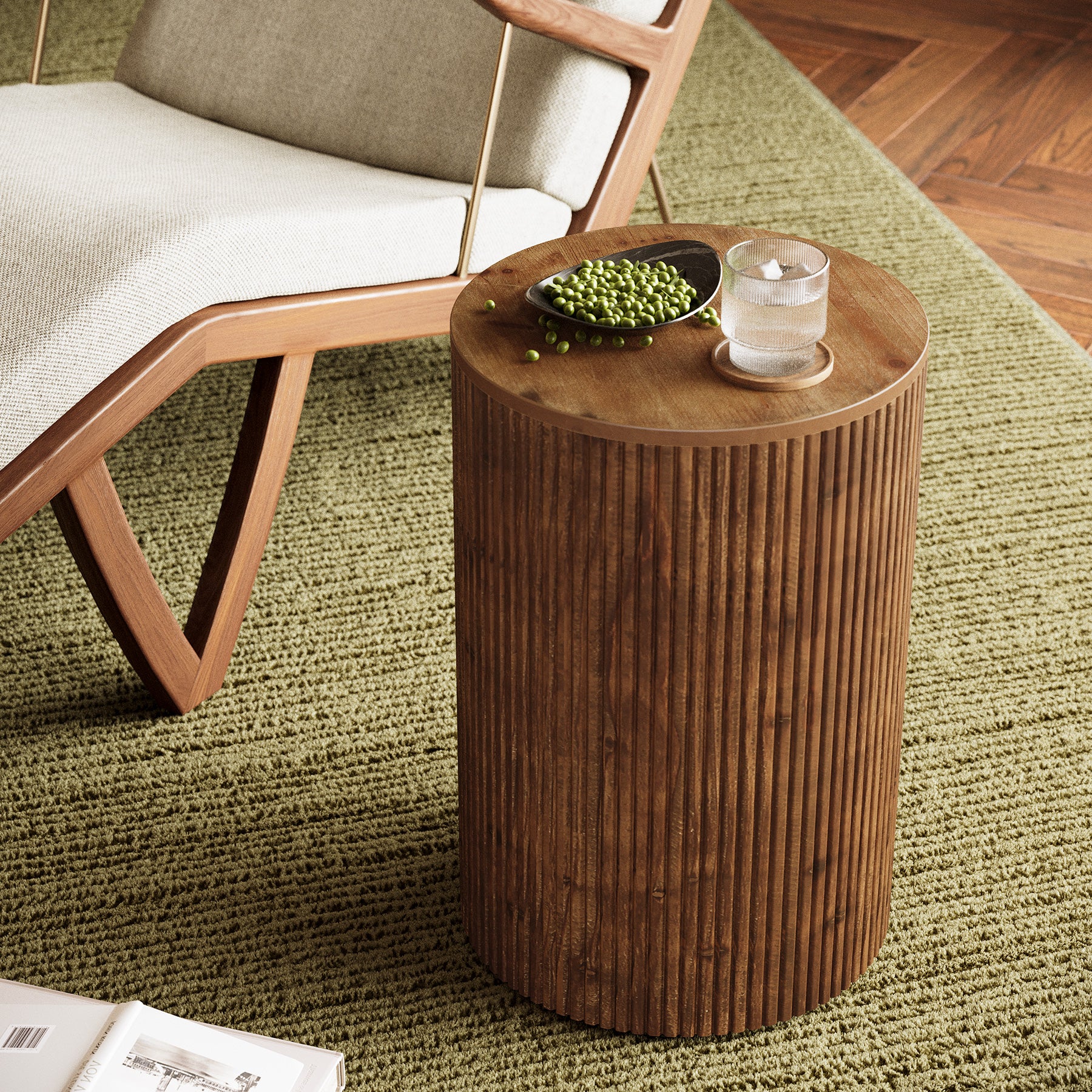 Tribesigns Solid Wood Round Side Table with Fluted Design and 4 Wheels, No-Assembly End Table with Storage for Living Room Bedroom and Small Spaces - Image 11