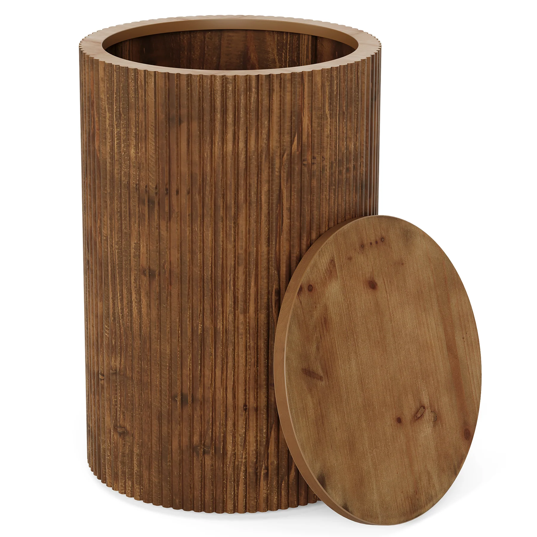 Tribesigns Solid Wood Round Side Table with Fluted Design and 4 Wheels, No-Assembly End Table with Storage for Living Room Bedroom and Small Spaces - Image 12