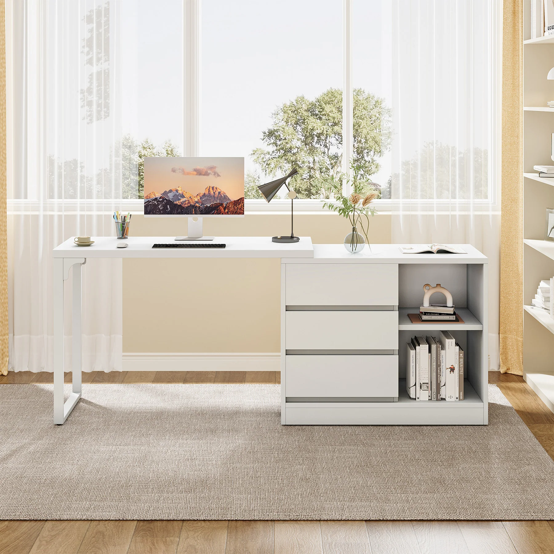Tribesigns Reversible L-Shaped Computer Desk with Drawers and Shelves, White Corner Office Desk for Home Office and Bedroom