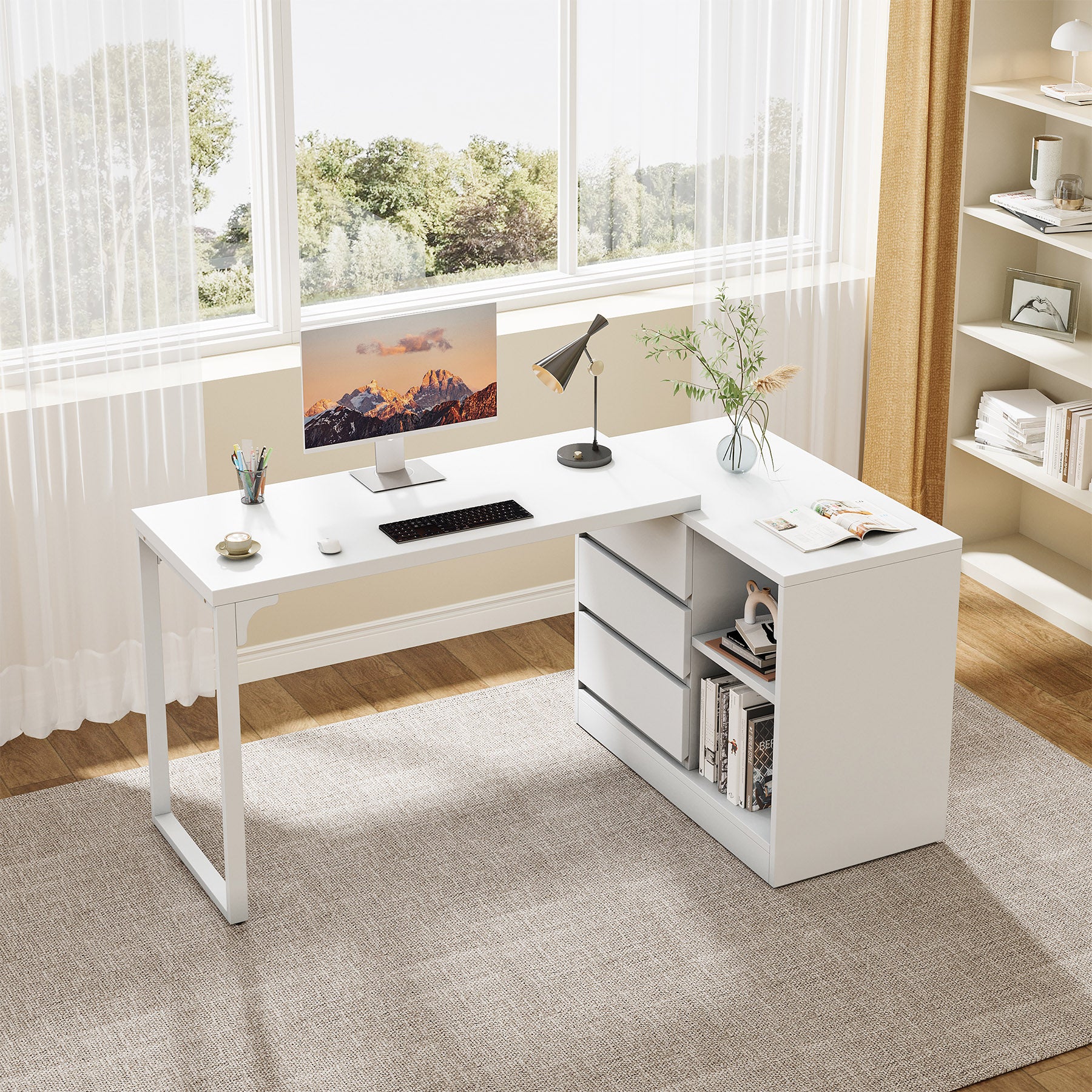 Tribesigns Reversible L-Shaped Computer Desk with Drawers and Shelves, White Corner Office Desk for Home Office and Bedroom - Image 6