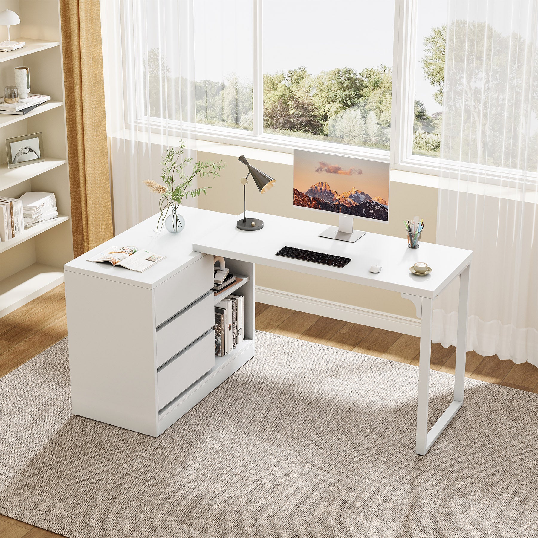 Tribesigns Reversible L-Shaped Computer Desk with Drawers and Shelves, White Corner Office Desk for Home Office and Bedroom - Image 9