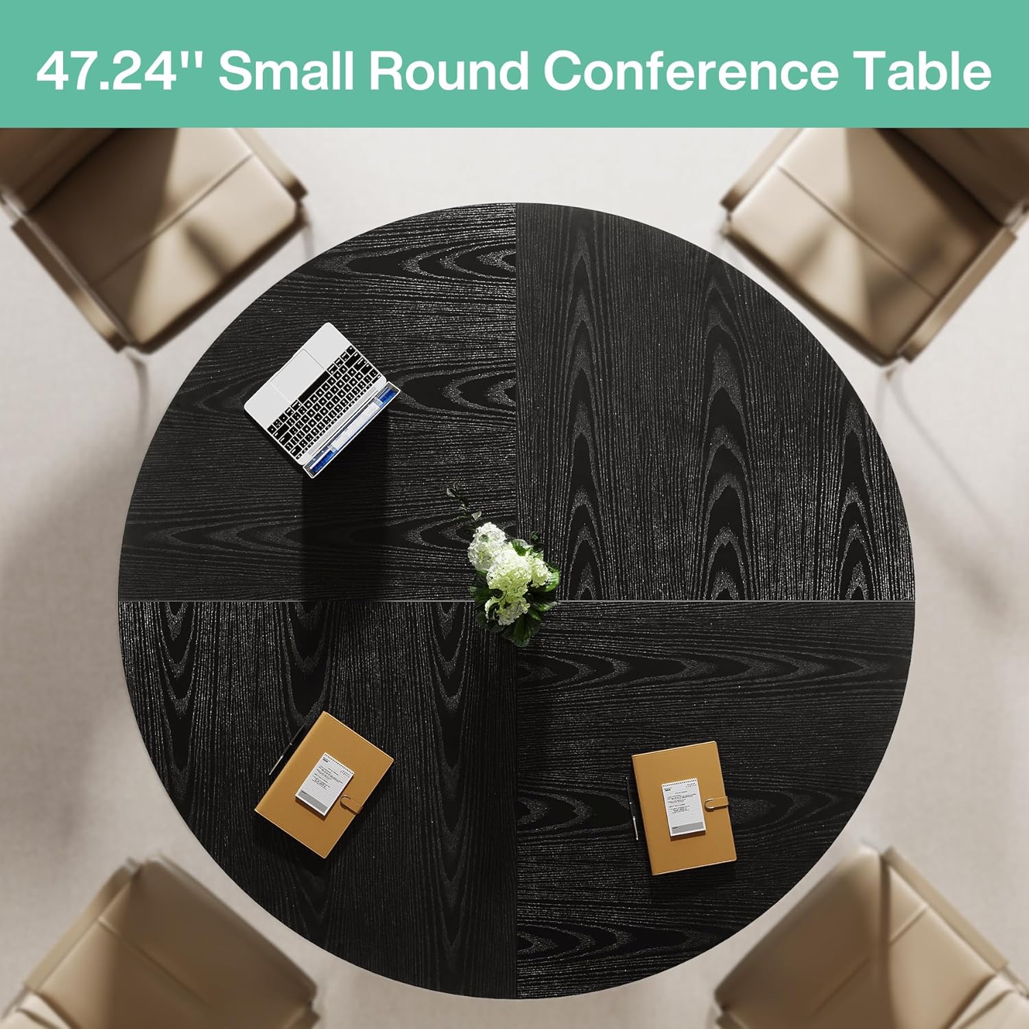 47" Round Conference Table for 4–6 People, Black Meeting Table with Sturdy Metal Base - Image 3