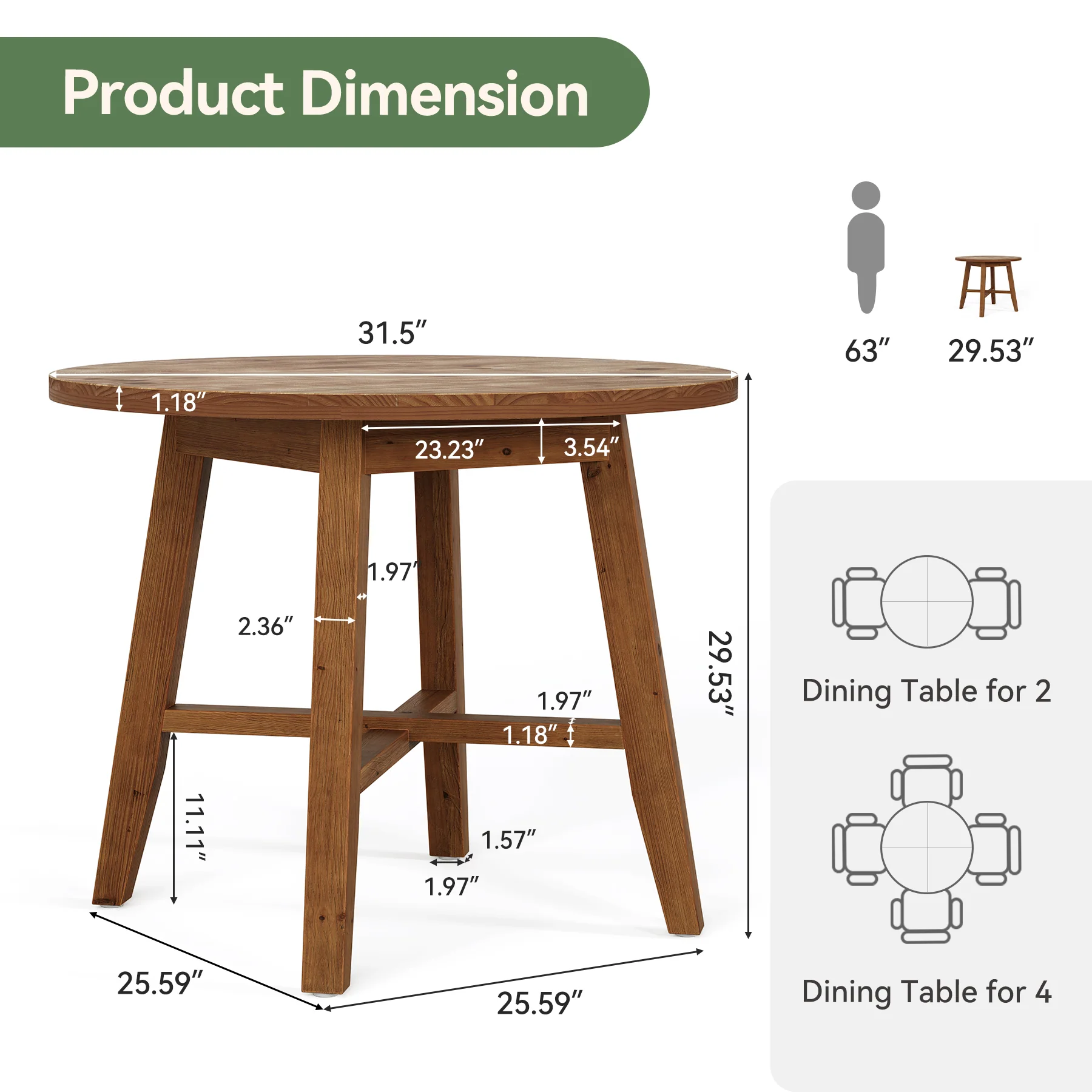 31.5 Inch Solid Wood Round Dining Table for 2–4, Farmhouse Small Kitchen Table for Small Spaces - Image 2