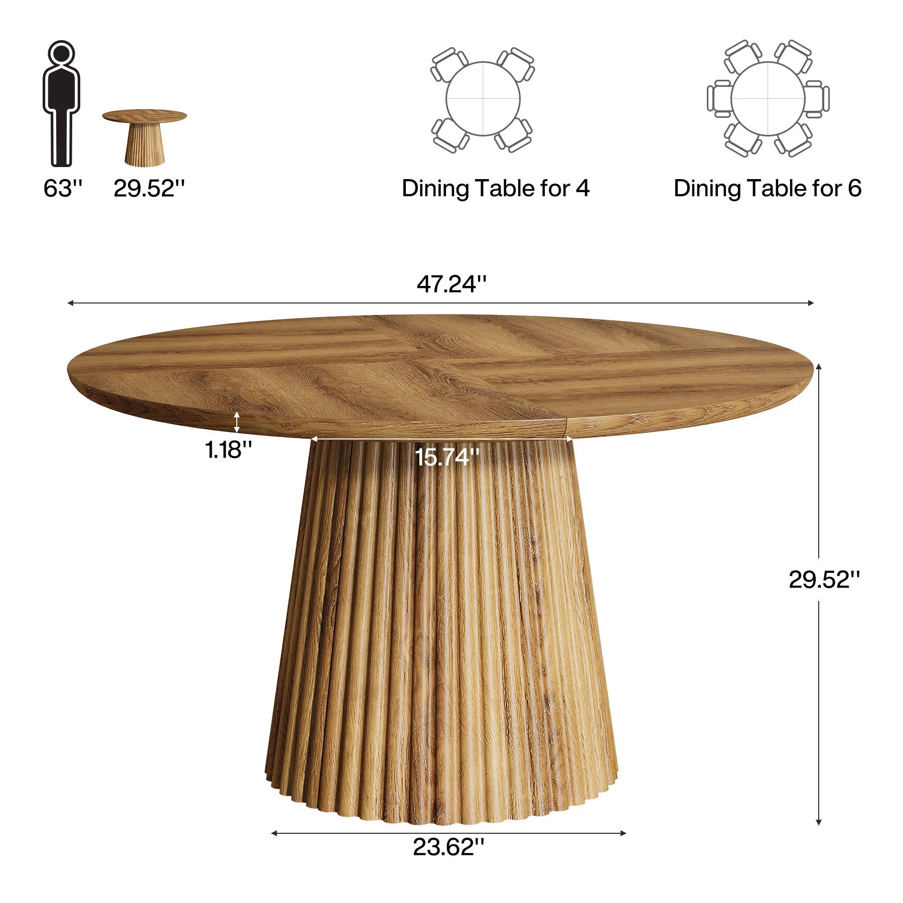 Tribesigns 47-Inch Round Dining Table, Heavy Duty Fluted Pedestal Base Farmhouse Circle Table for 4-6 People - Image 2