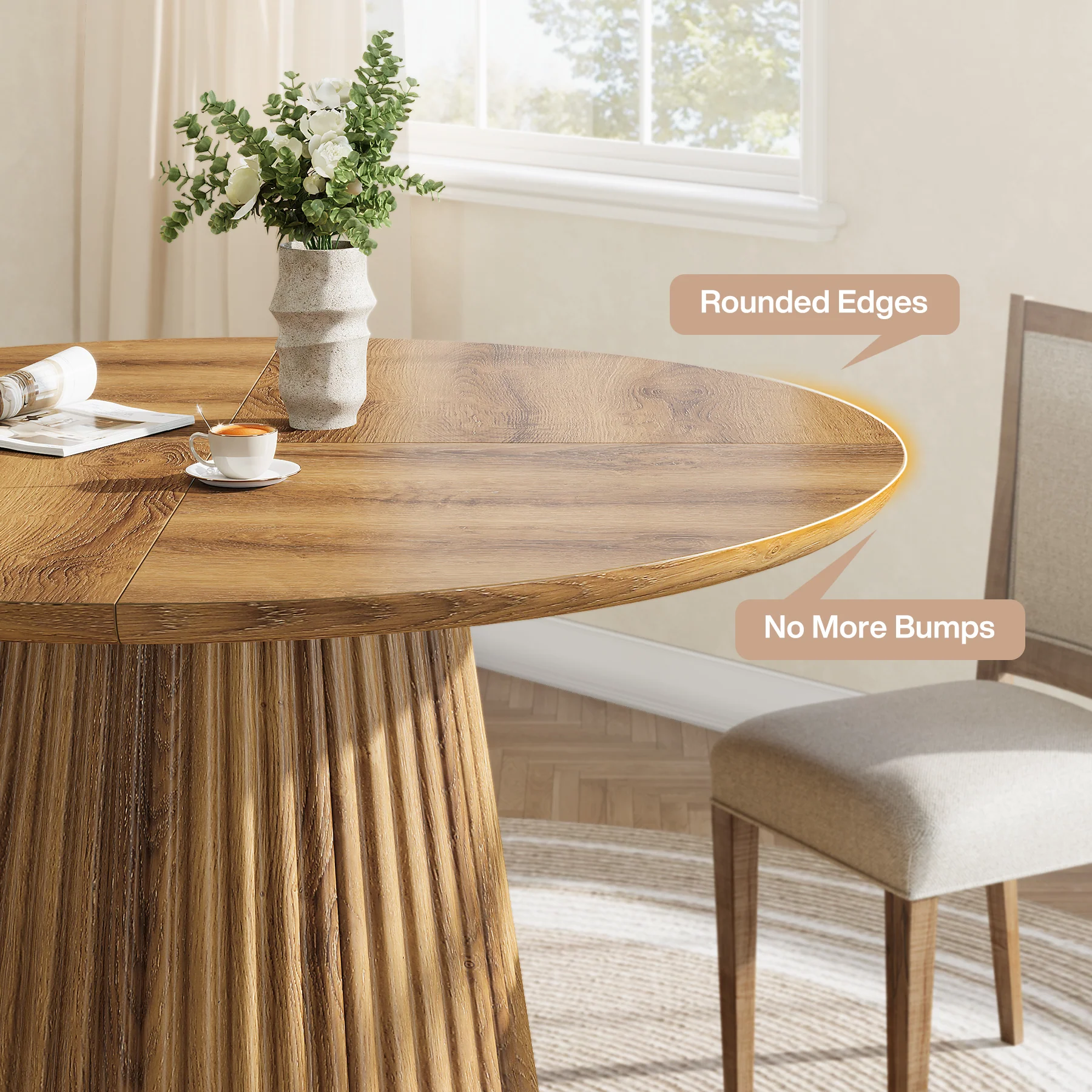 Tribesigns 47-Inch Round Dining Table, Heavy Duty Fluted Pedestal Base Farmhouse Circle Table for 4-6 People - Image 3