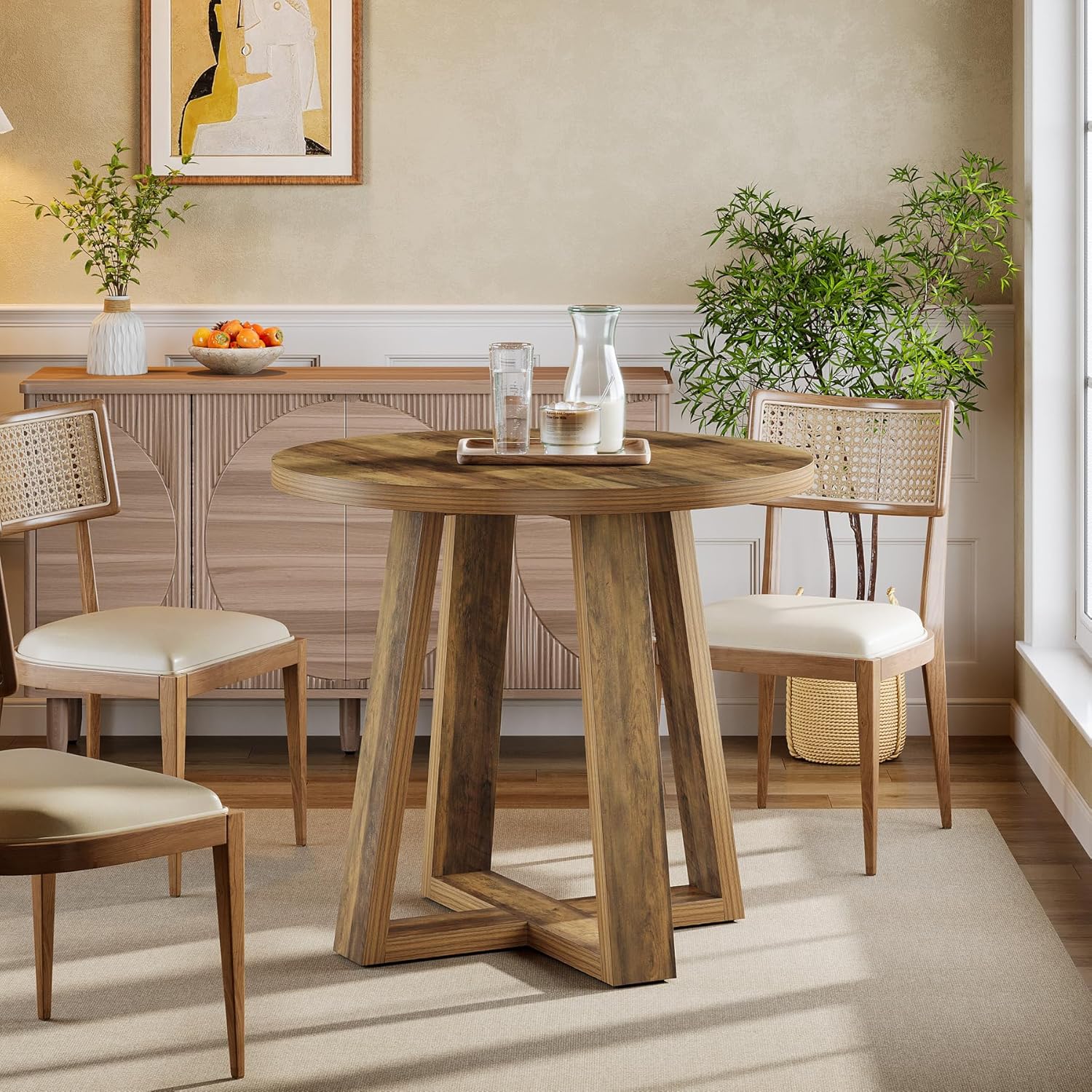 31.5" Round Farmhouse Dining Table - Rustic Brown Kitchen Table for Small Spaces - Image 3