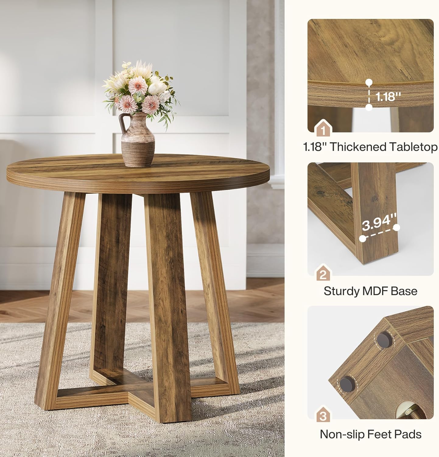 31.5" Round Farmhouse Dining Table - Rustic Brown Kitchen Table for Small Spaces - Image 4