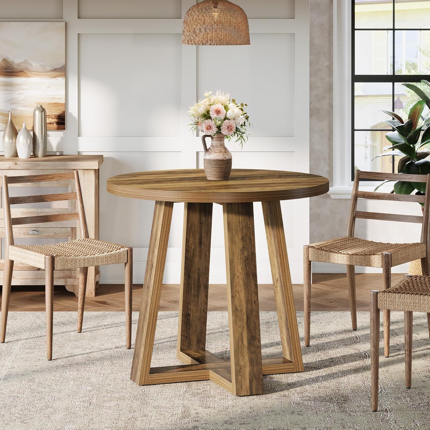 31.5" Round Farmhouse Dining Table - Rustic Brown Kitchen Table for Small Spaces - Image 6