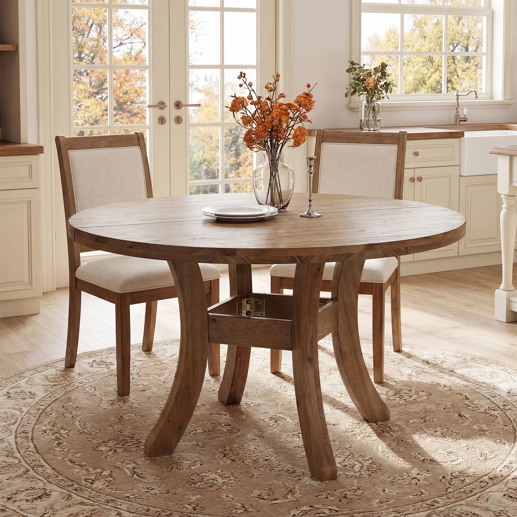 Tribesigns 47" Round Dining Table, Solid Wood Farmhouse Kitchen Table for 4-6 with Curved Legs
