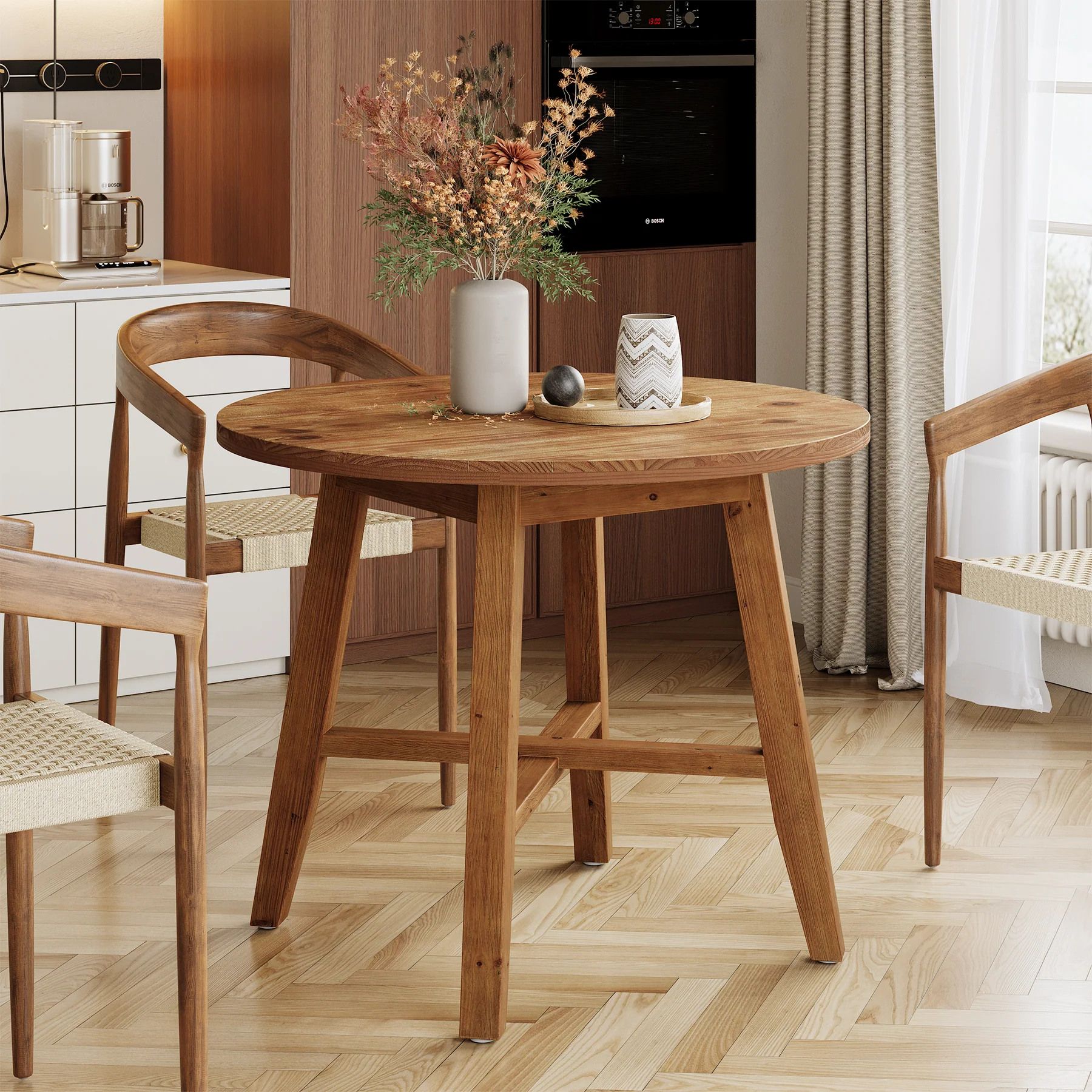 31.5 Inch Solid Wood Round Dining Table for 2–4, Farmhouse Small Kitchen Table for Small Spaces