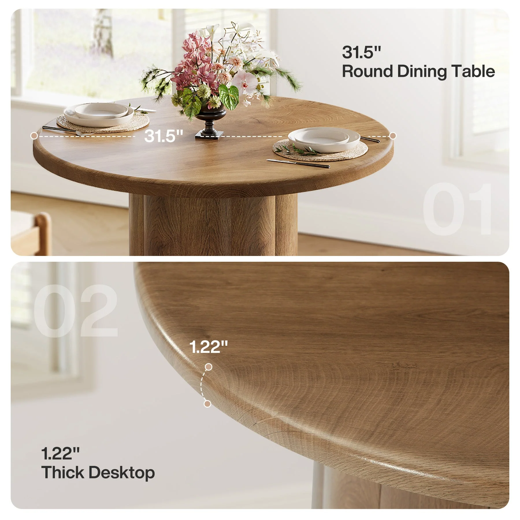 31.5" Round Dining Table - Rustic Brown Kitchen Table for Small Spaces with Sturdy Base - Image 8