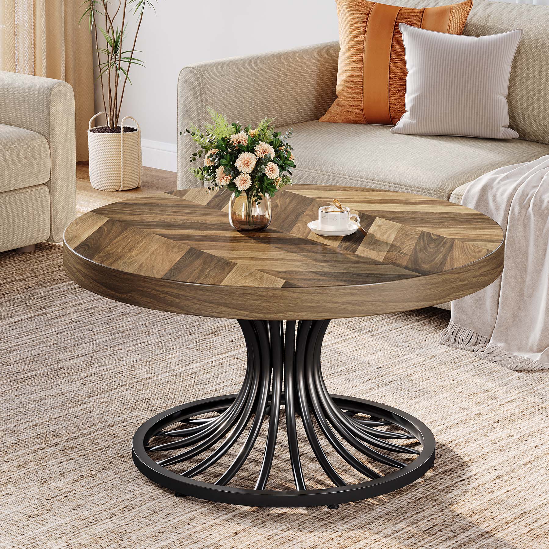 31.5-Inch Round Wood Coffee Table, Farmhouse Circle Table with Metal Pedestal for Living Room