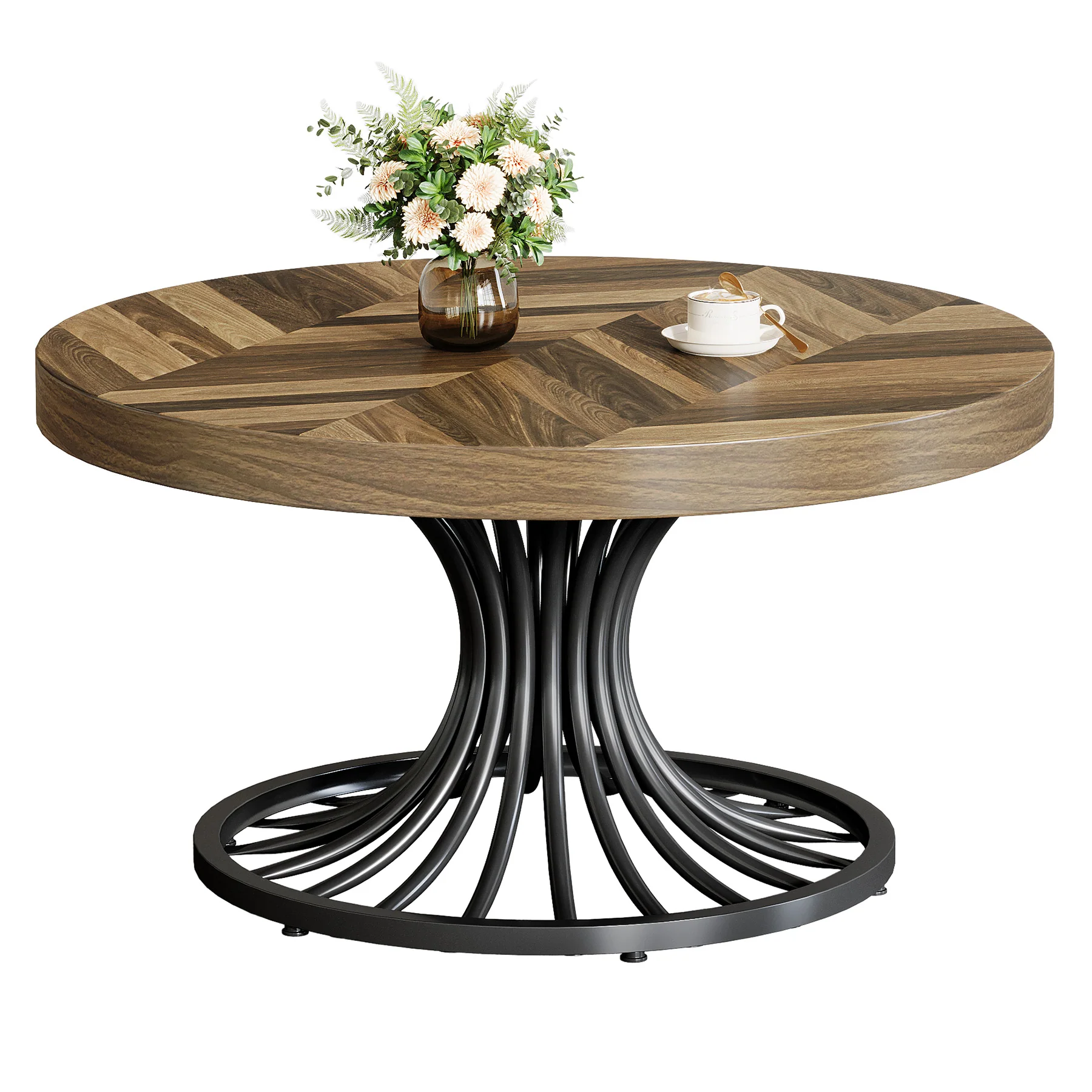 31.5-Inch Round Wood Coffee Table, Farmhouse Circle Table with Metal Pedestal for Living Room - Image 10