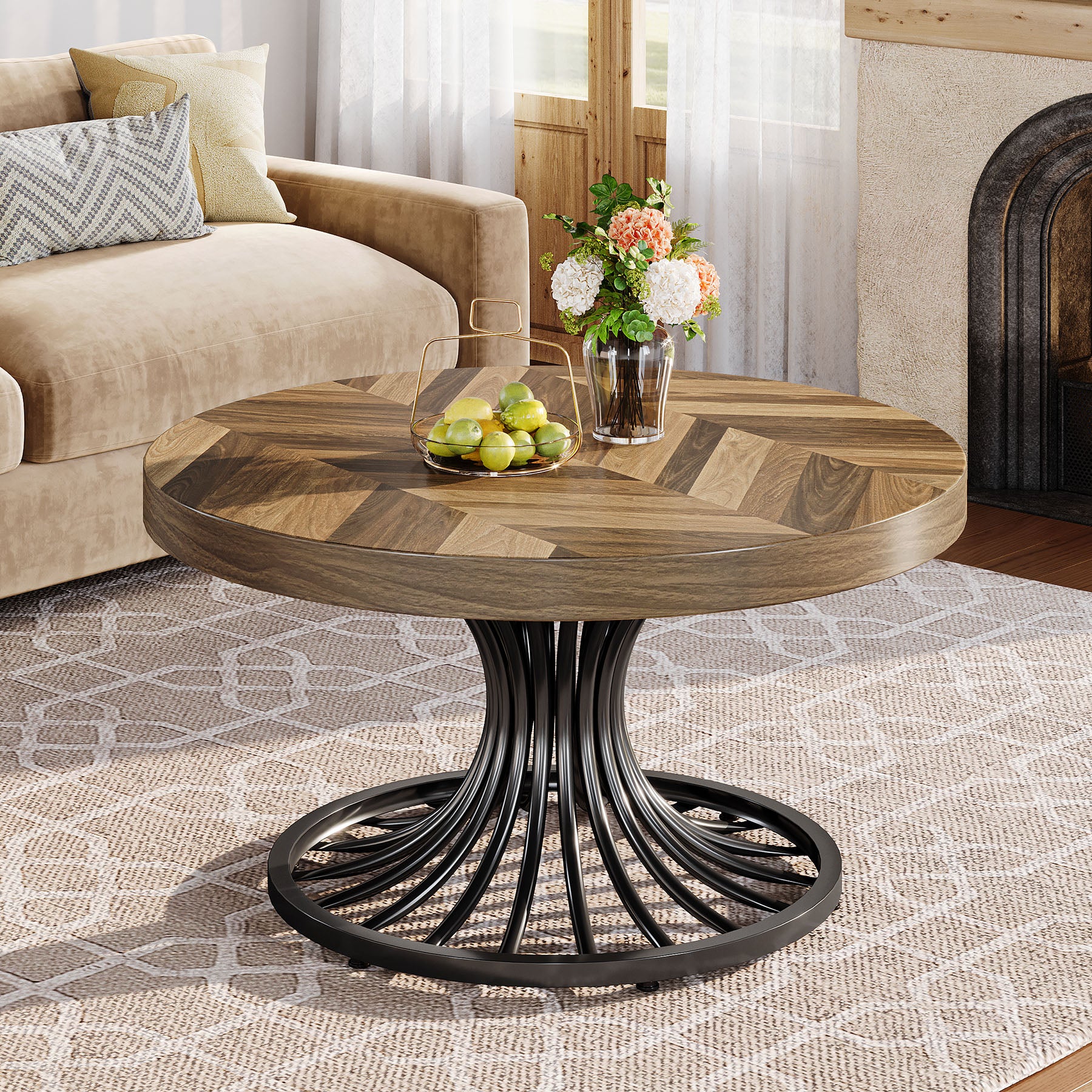 31.5-Inch Round Wood Coffee Table, Farmhouse Circle Table with Metal Pedestal for Living Room - Image 3
