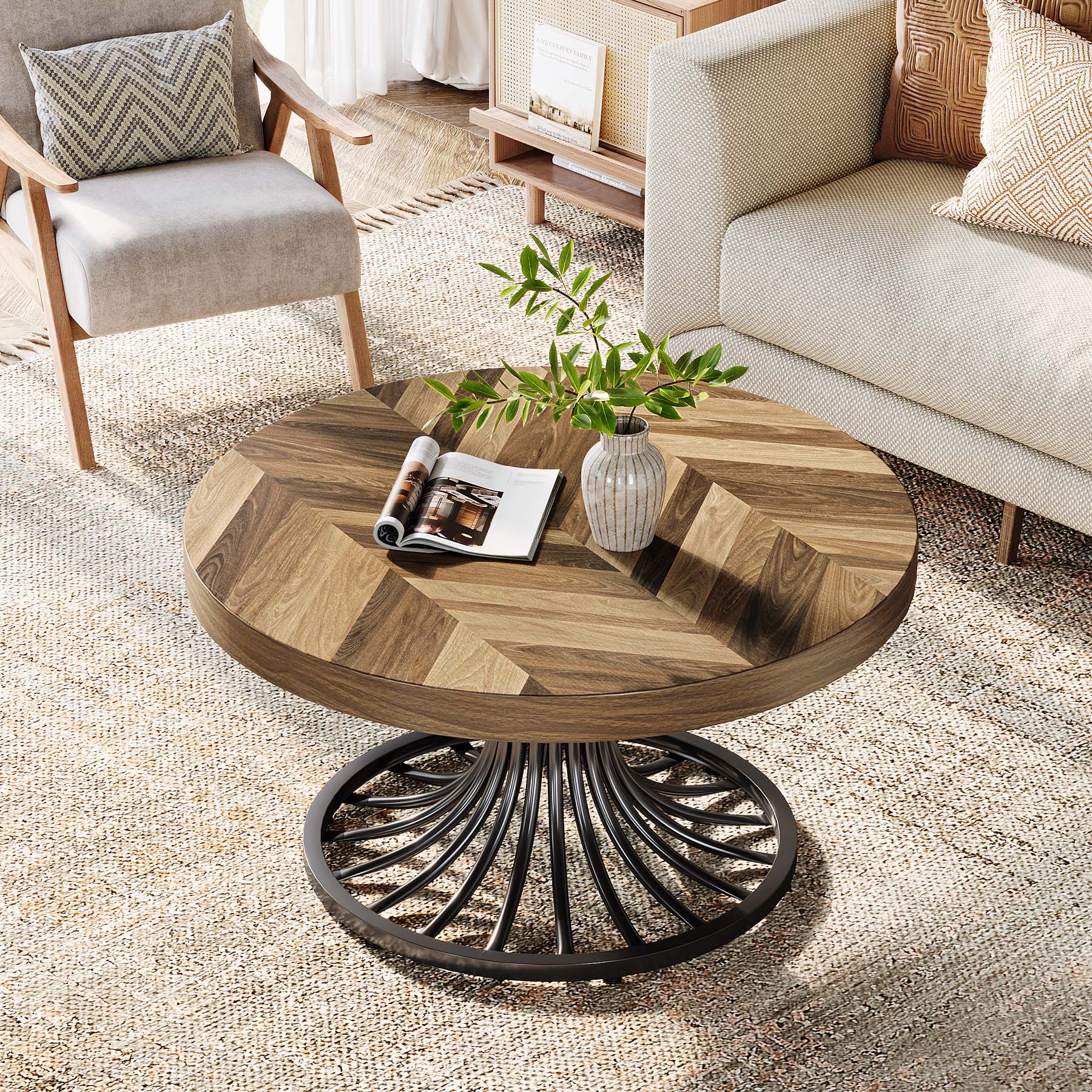 31.5-Inch Round Wood Coffee Table, Farmhouse Circle Table with Metal Pedestal for Living Room - Image 4