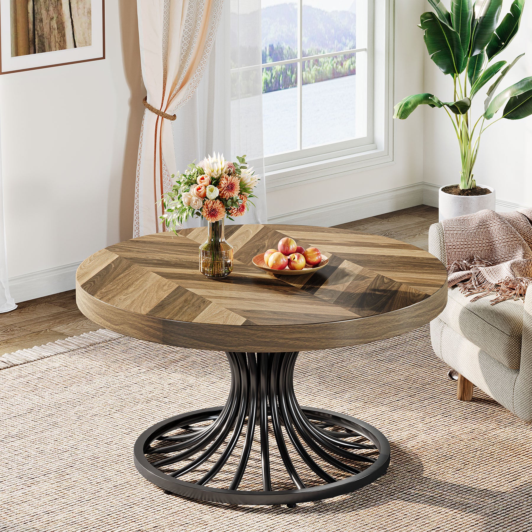 31.5-Inch Round Wood Coffee Table, Farmhouse Circle Table with Metal Pedestal for Living Room - Image 5