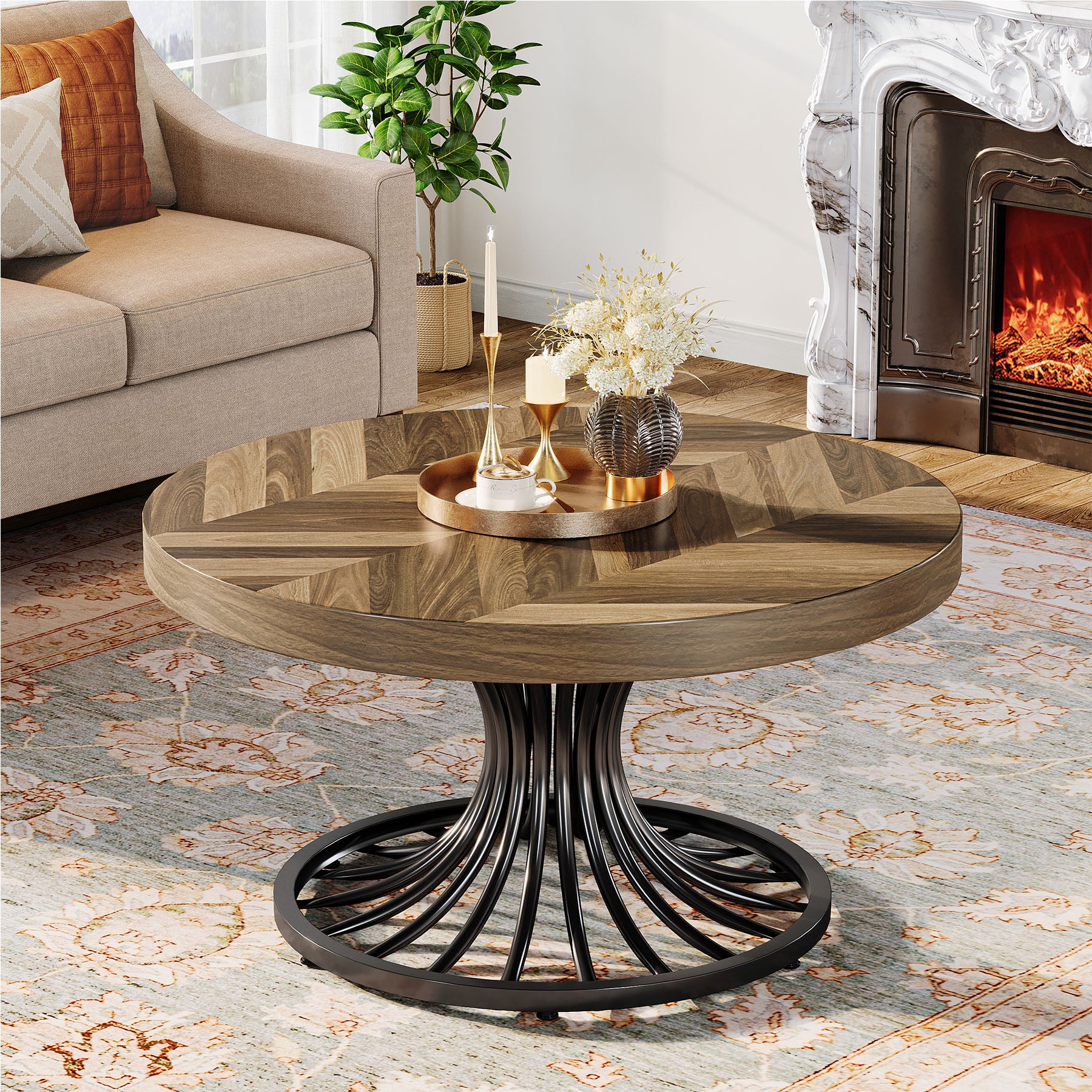 31.5-Inch Round Wood Coffee Table, Farmhouse Circle Table with Metal Pedestal for Living Room - Image 6