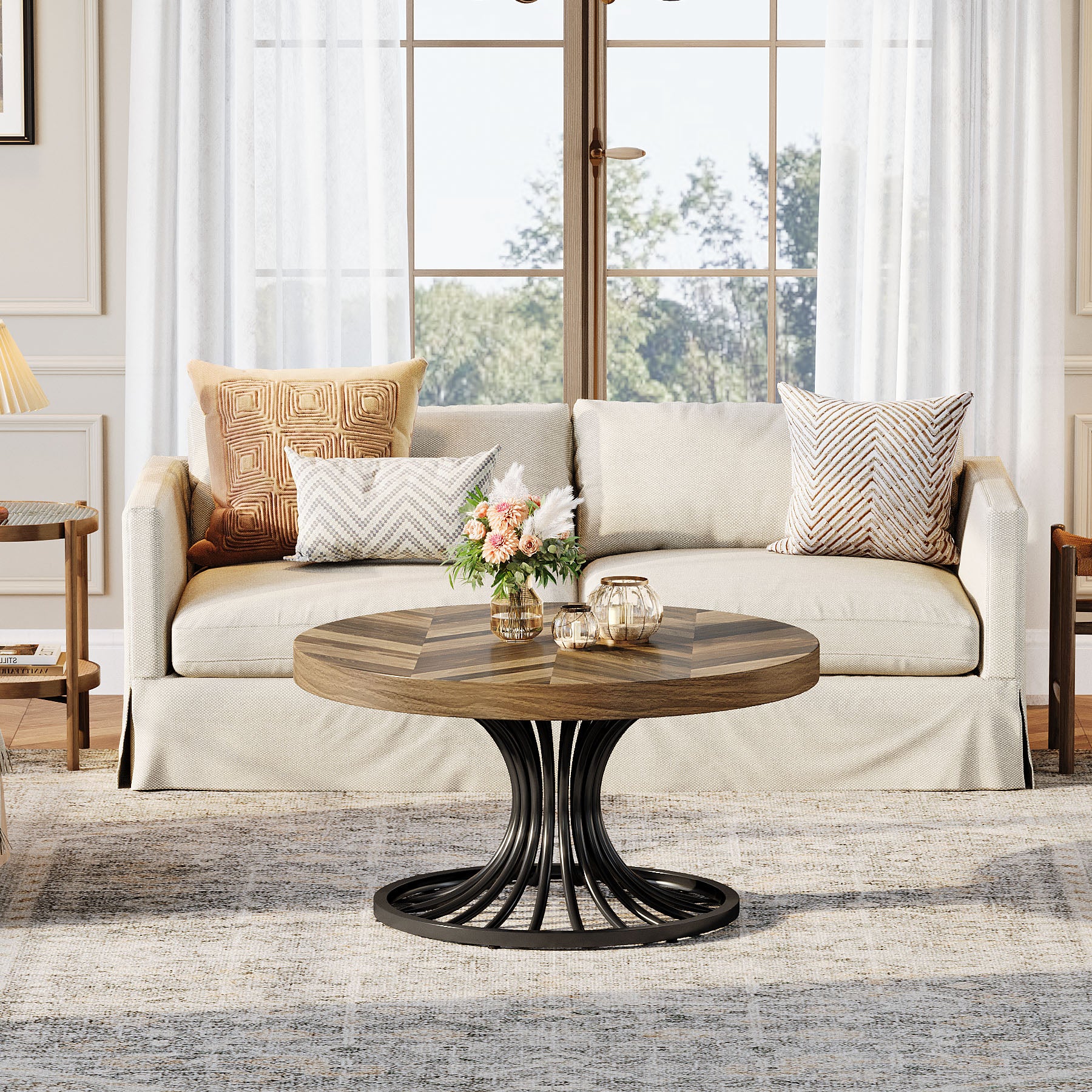 31.5-Inch Round Wood Coffee Table, Farmhouse Circle Table with Metal Pedestal for Living Room - Image 7