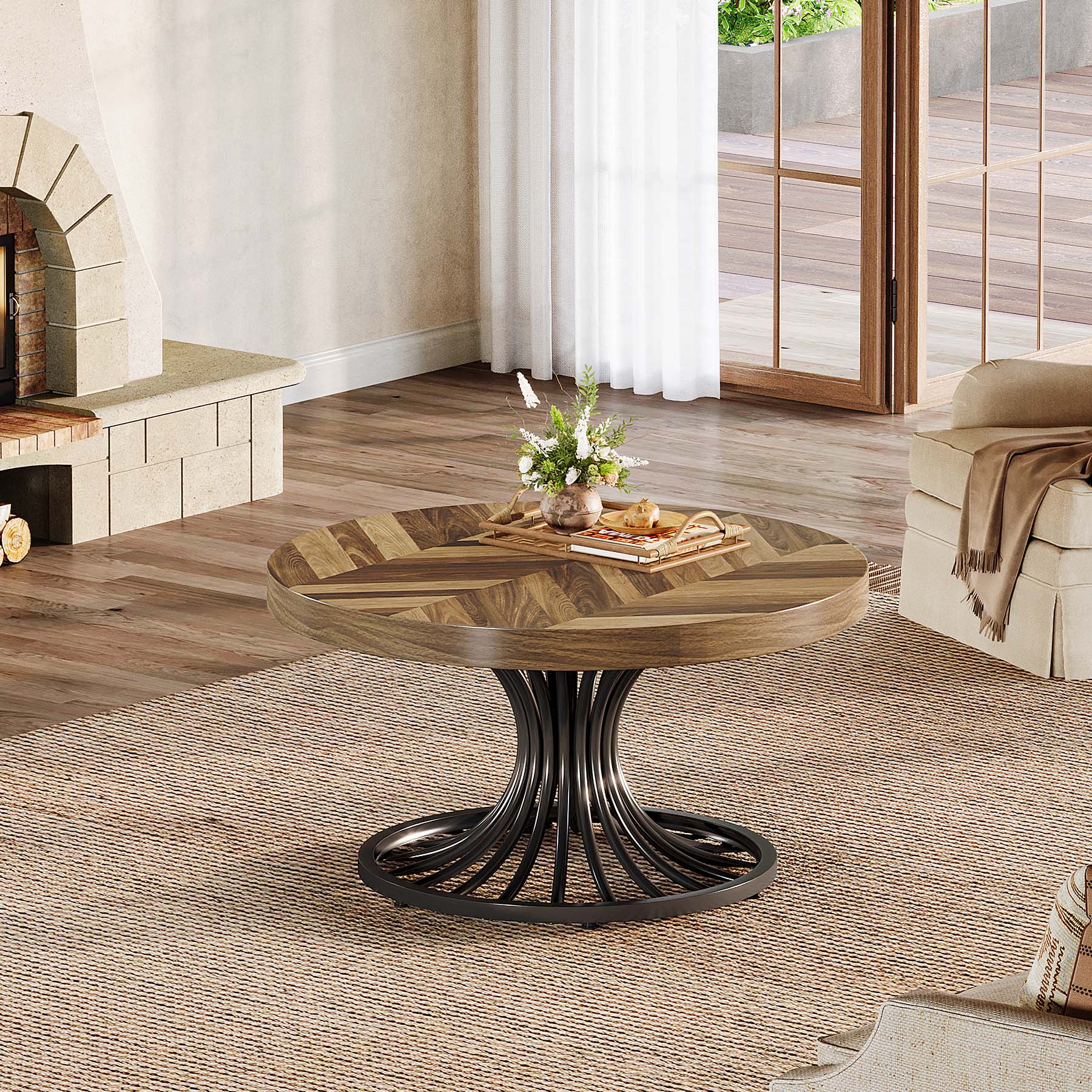 31.5-Inch Round Wood Coffee Table, Farmhouse Circle Table with Metal Pedestal for Living Room - Image 8