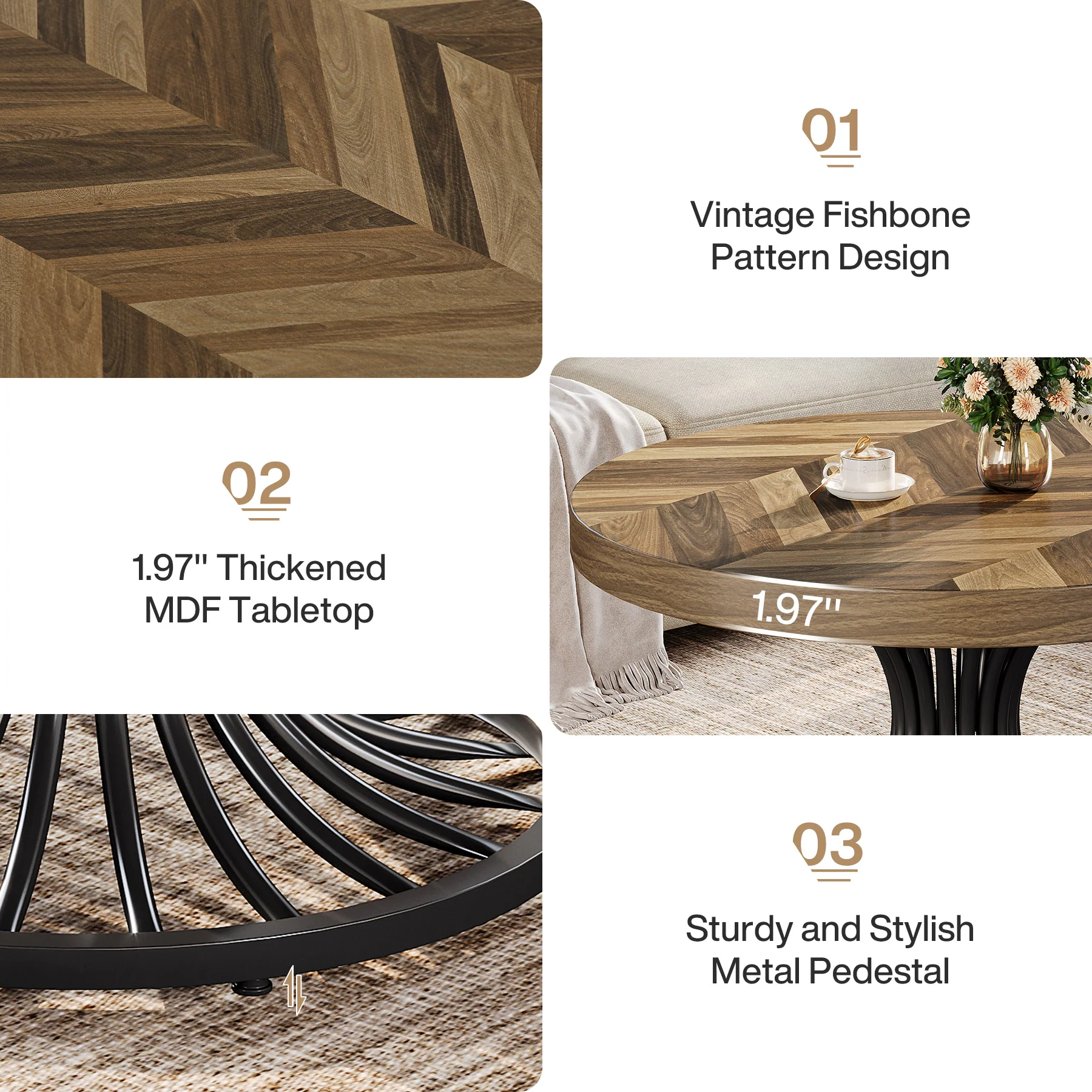 31.5-Inch Round Wood Coffee Table, Farmhouse Circle Table with Metal Pedestal for Living Room - Image 9