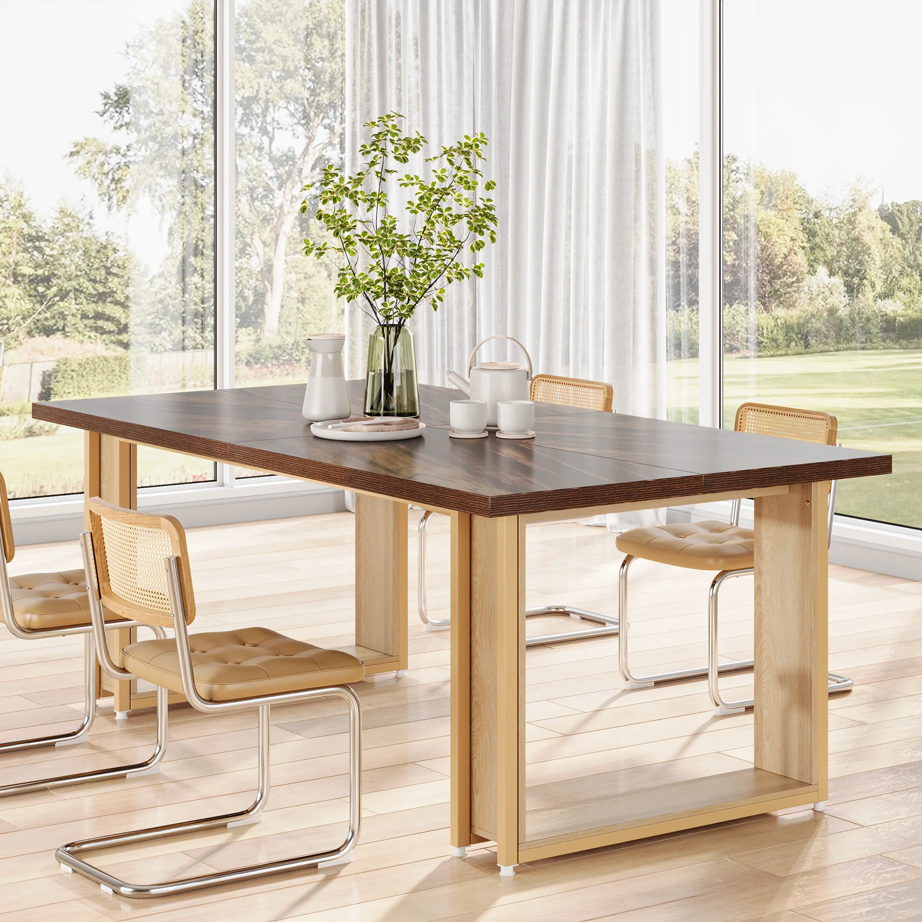 63" Dining Table, Wood Kitchen Table with Metal Frame for 4 People - Image 3