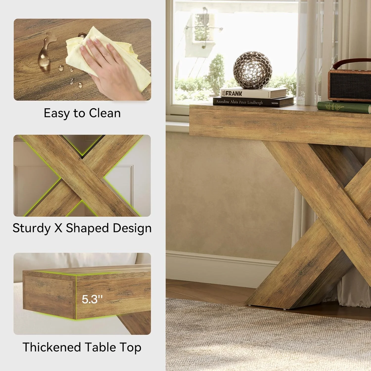 55" Rustic Industrial X-Brace Console Table - Slim Sofa Table for Entryway, Hallway & Living Room in Brown - Image 4