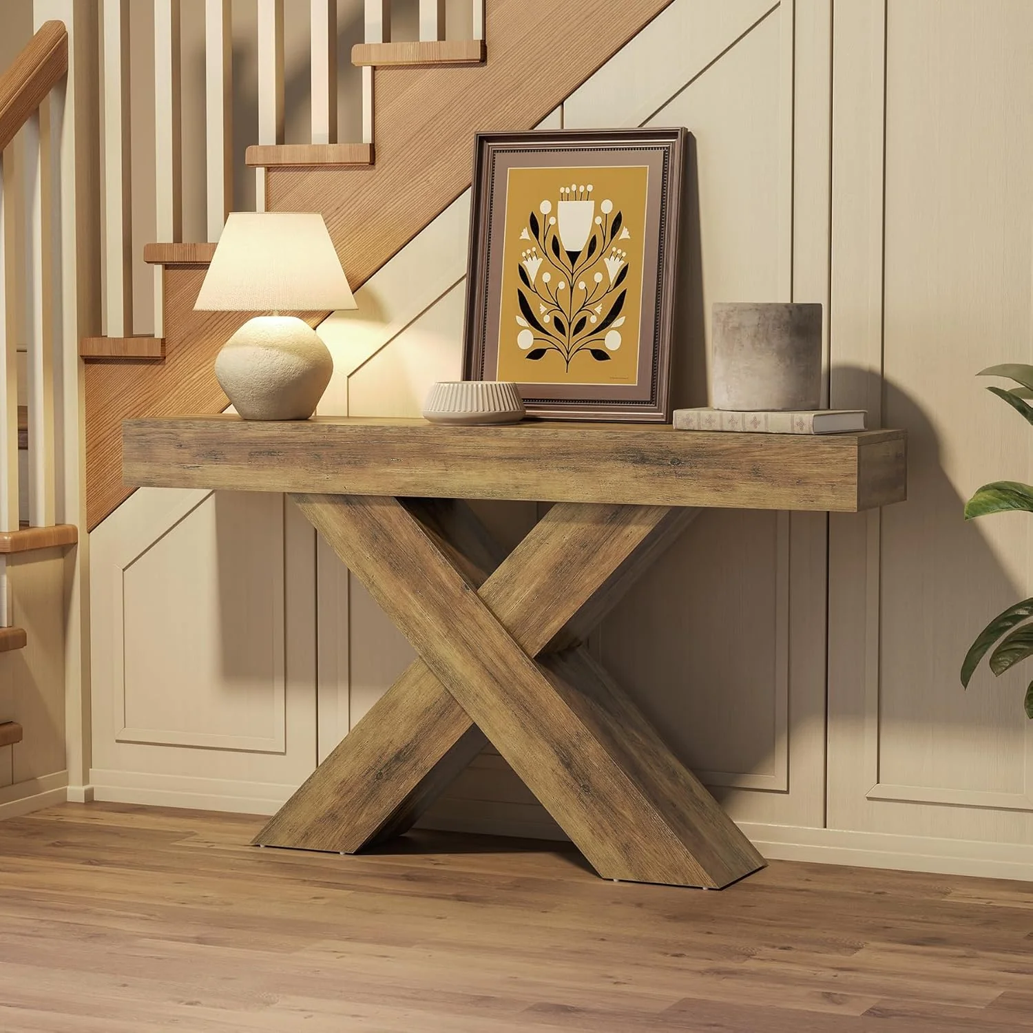 55" Rustic Industrial X-Brace Console Table - Slim Sofa Table for Entryway, Hallway & Living Room in Brown - Image 5